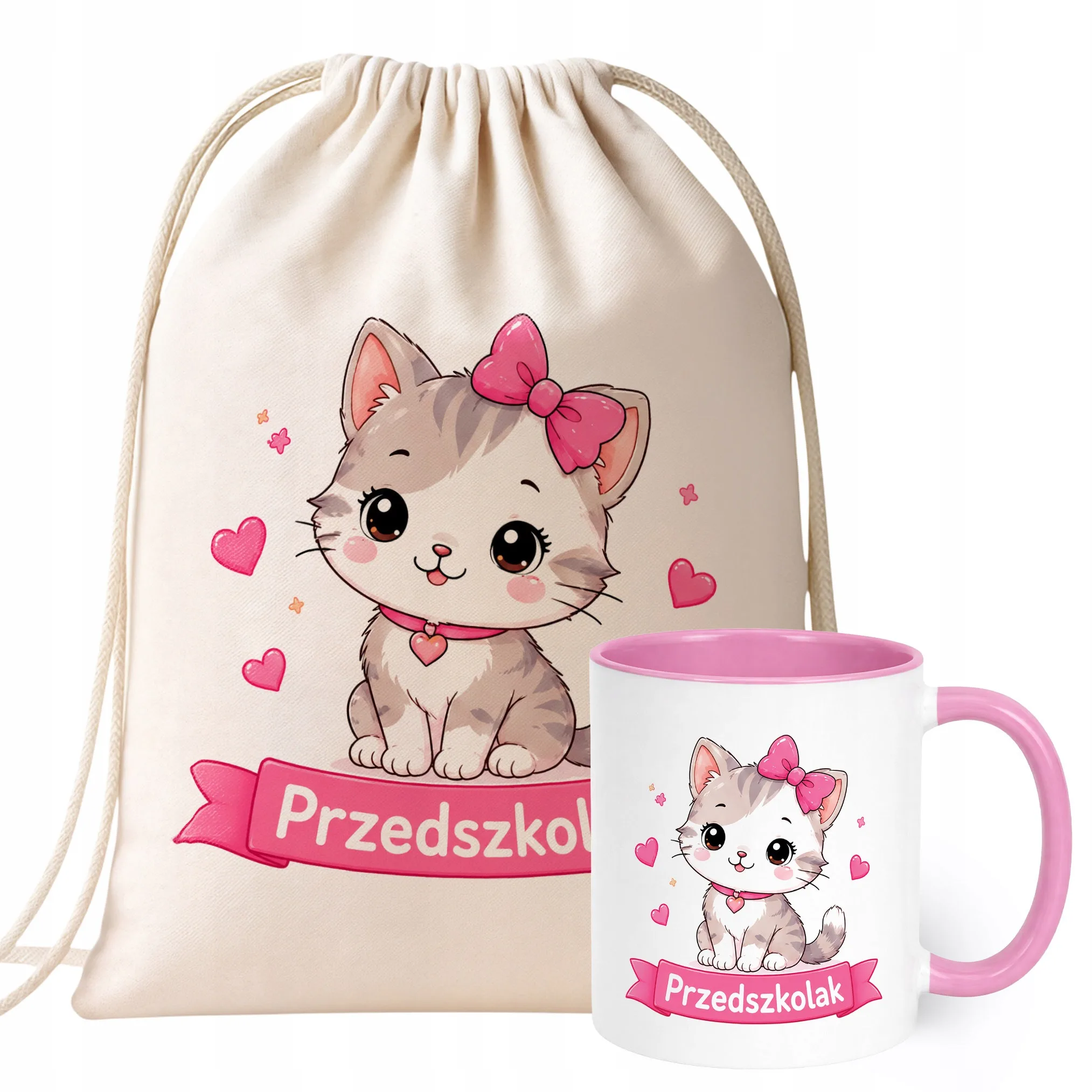 Zestaw Plecak Worek Kubek Różowy Z Nadrukiem Przedszkolak Dla Dzieci
