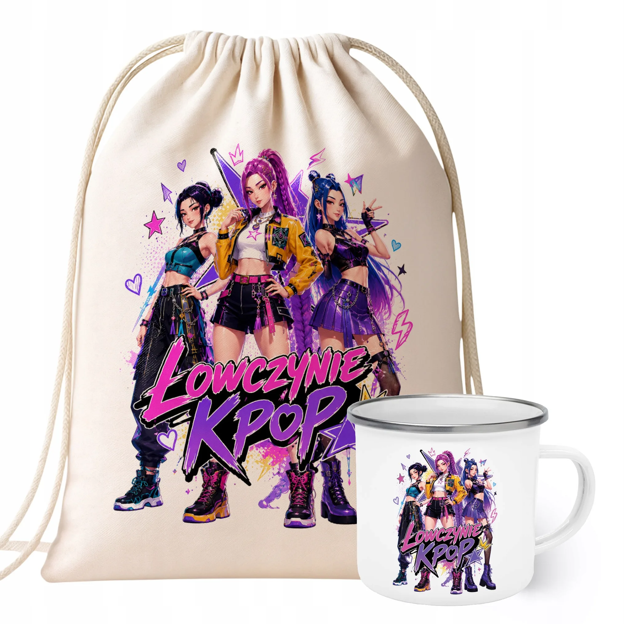 Zestaw Plecak Worek Kubek Emaliowany Z Nadrukiem ŁOWCZYNIE KPOP Prezent