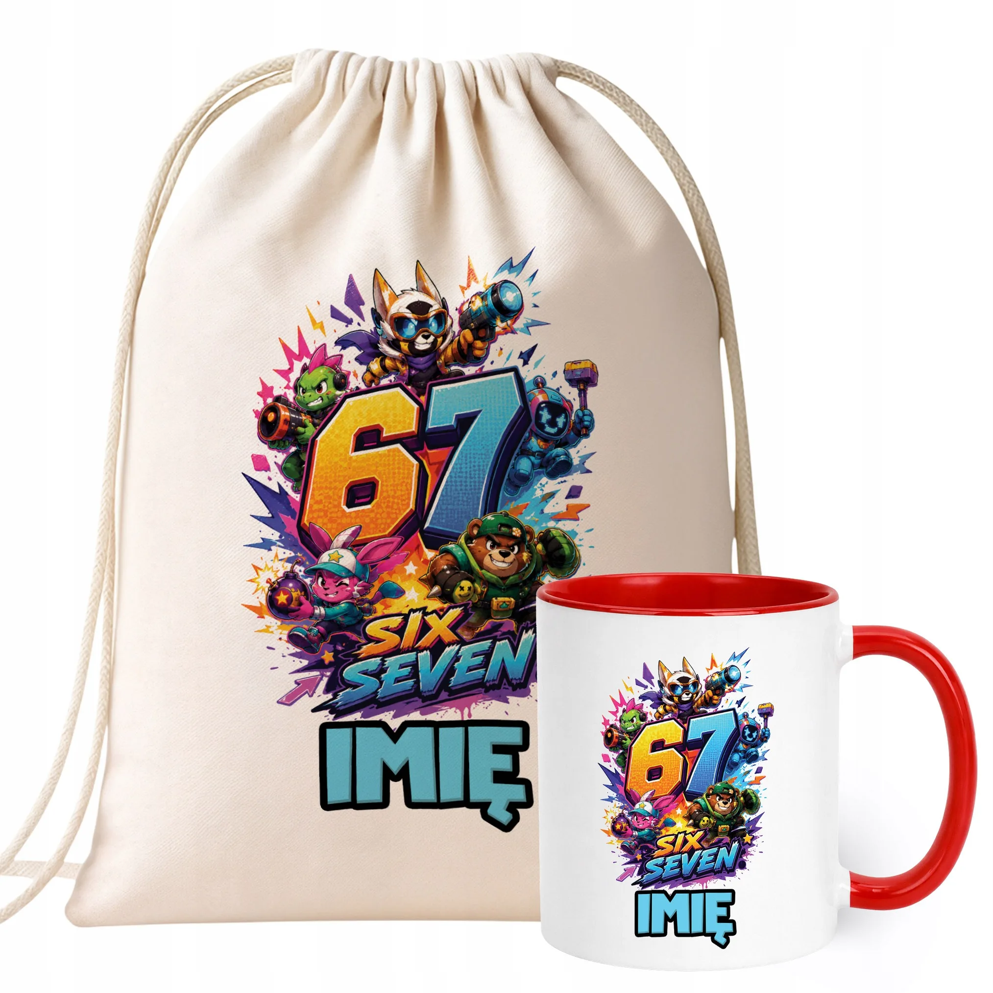 Zestaw Personalizowany Plecak Worek Kubek Czerwony 67 Six Seven Prezent