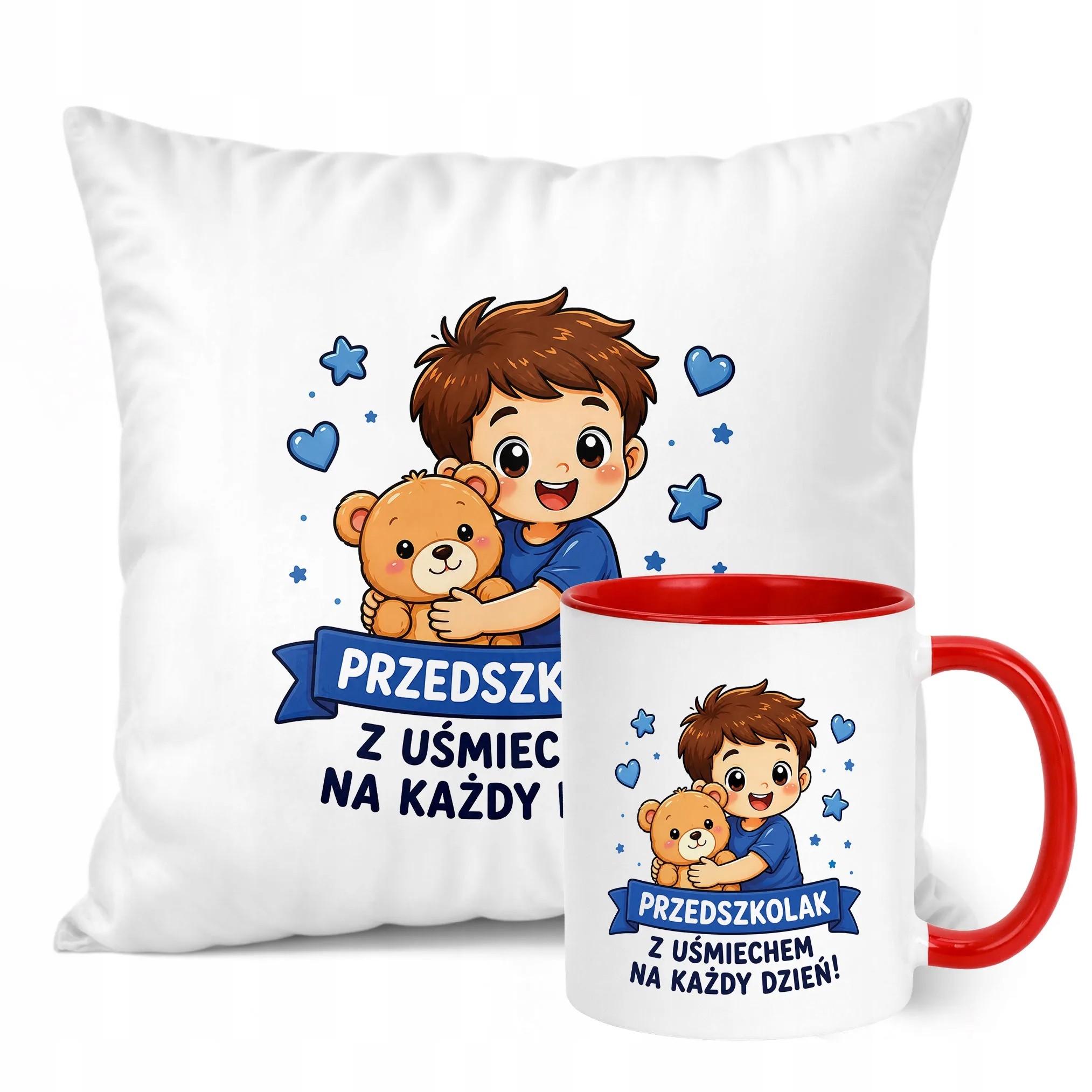 Zestaw Kubek Czerwony Poduszka Z Nadrukiem Przedszkolak Szkoła Prezent