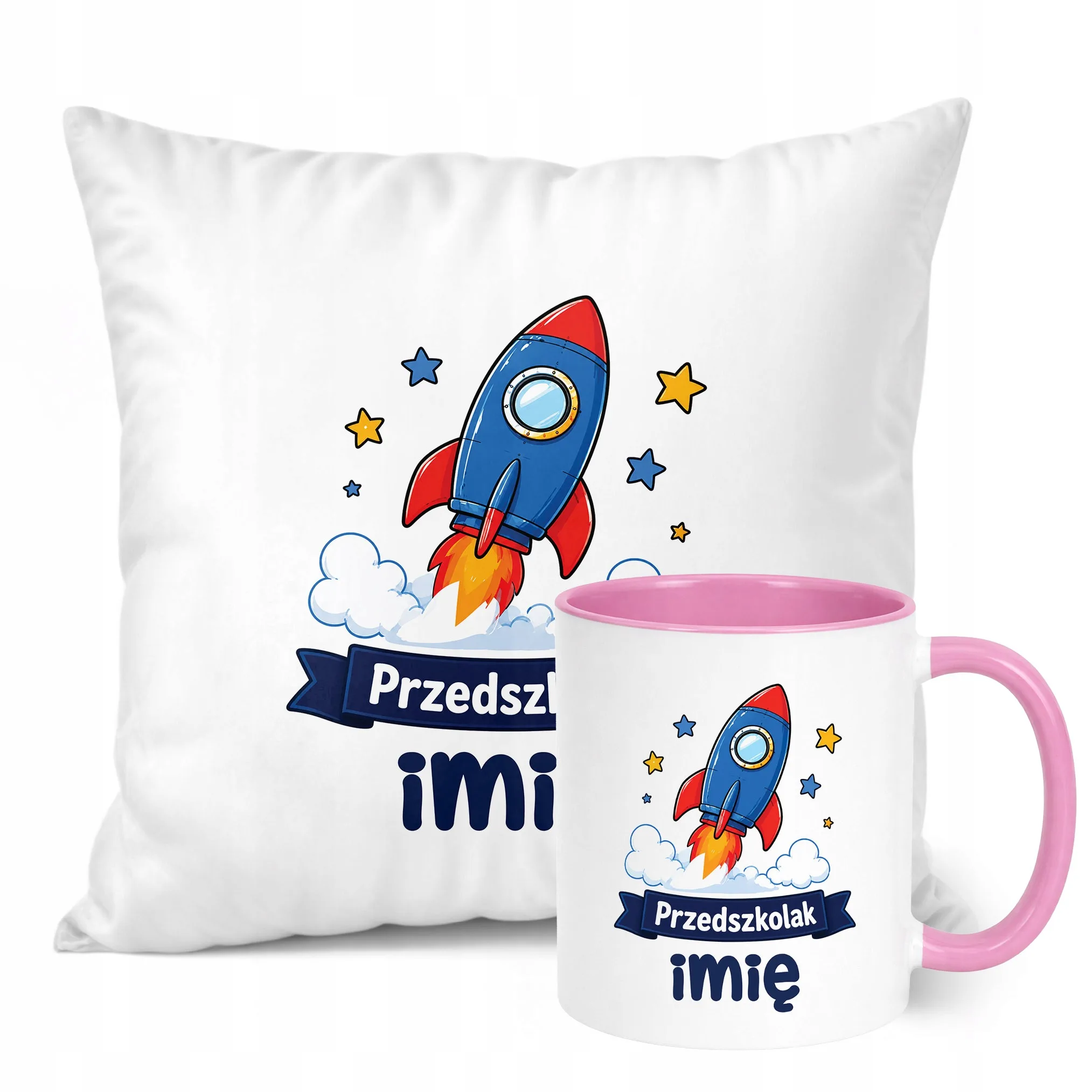 Zestaw Personalizowany Kubek Różowy Poduszka Przedszkolak Rakieta