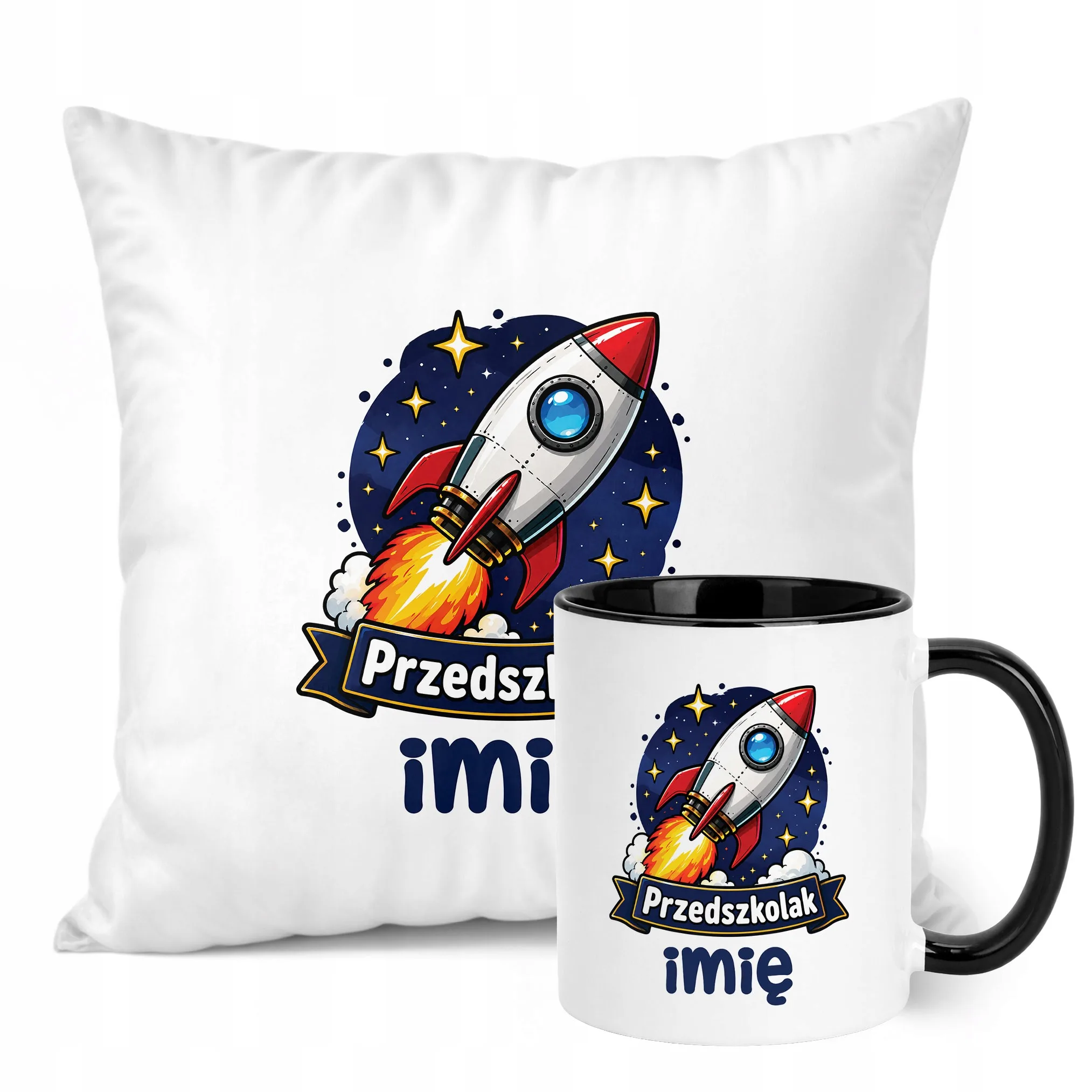 Zestaw Personalizowany Kubek Czarny Poduszka Przedszkolak Rakieta