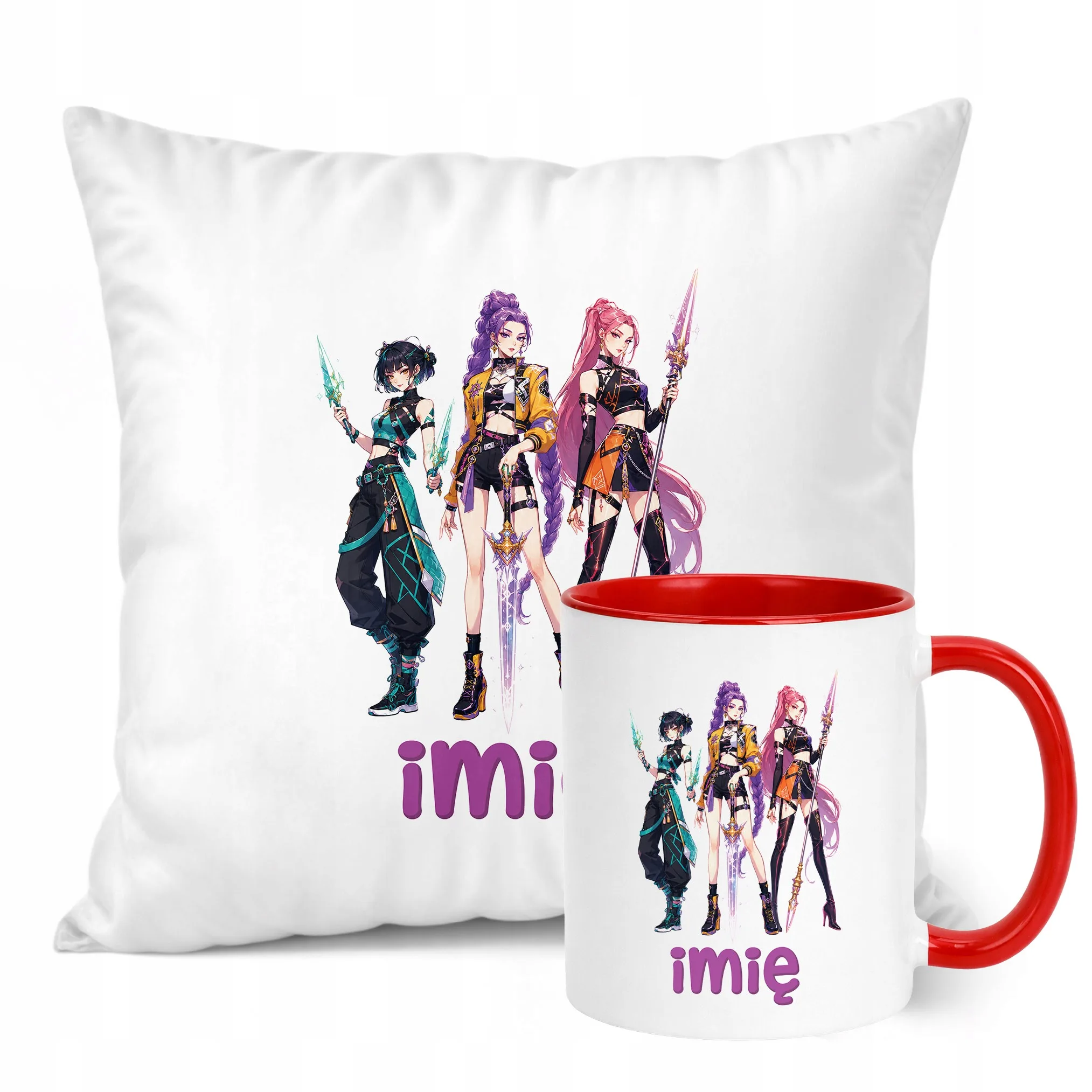 Zestaw Personalizowany Kubek Czerwony Poduszka Łowczynie Kpop Prezent