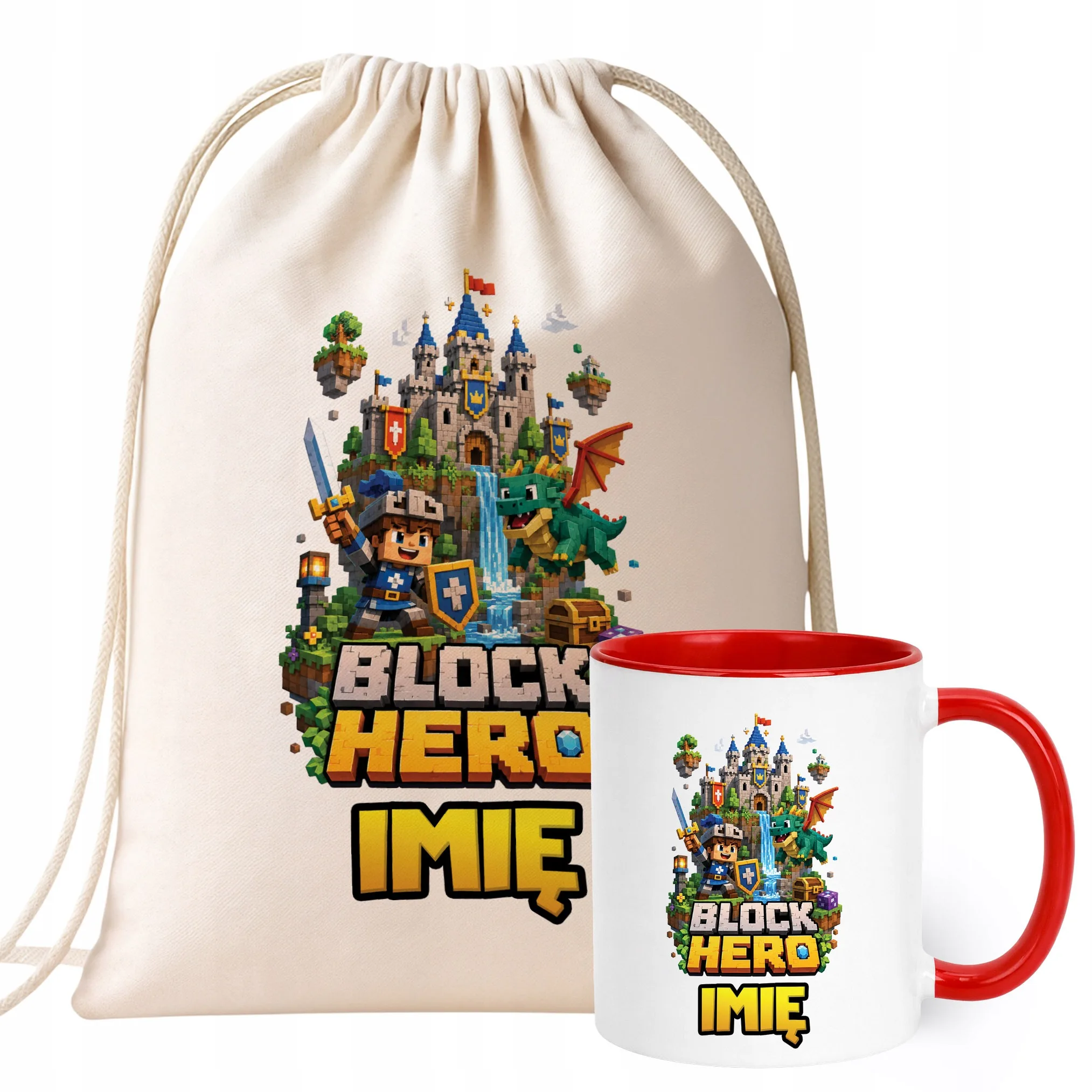 Zestaw Personalizowany Plecak Worek Kubek Czerwony gra Block Hero Prezent
