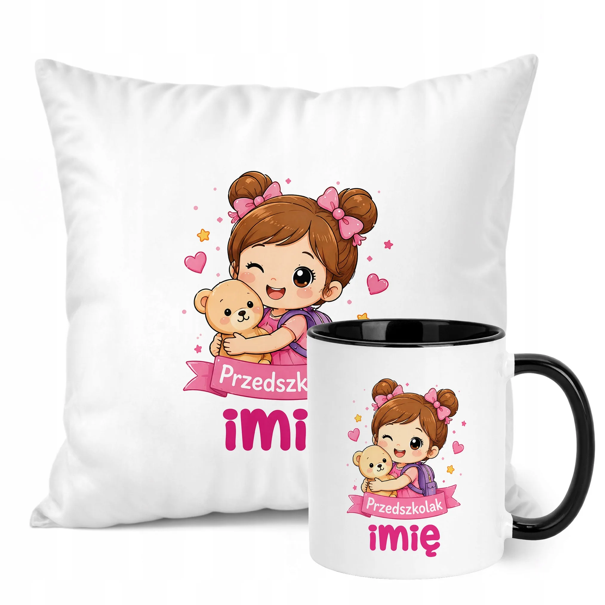 Zestaw Personalizowany Kubek Czarny Poduszka Przedszkolak Prezent