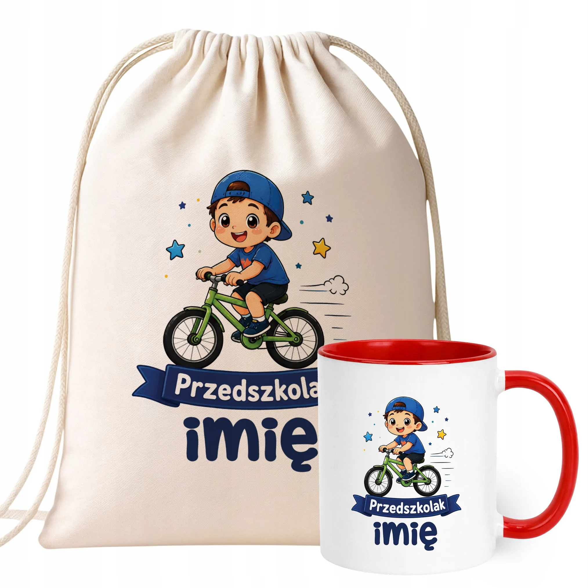 Zestaw Personalizowany Plecak Worek Kubek Czerwony Przedszkolak Rower