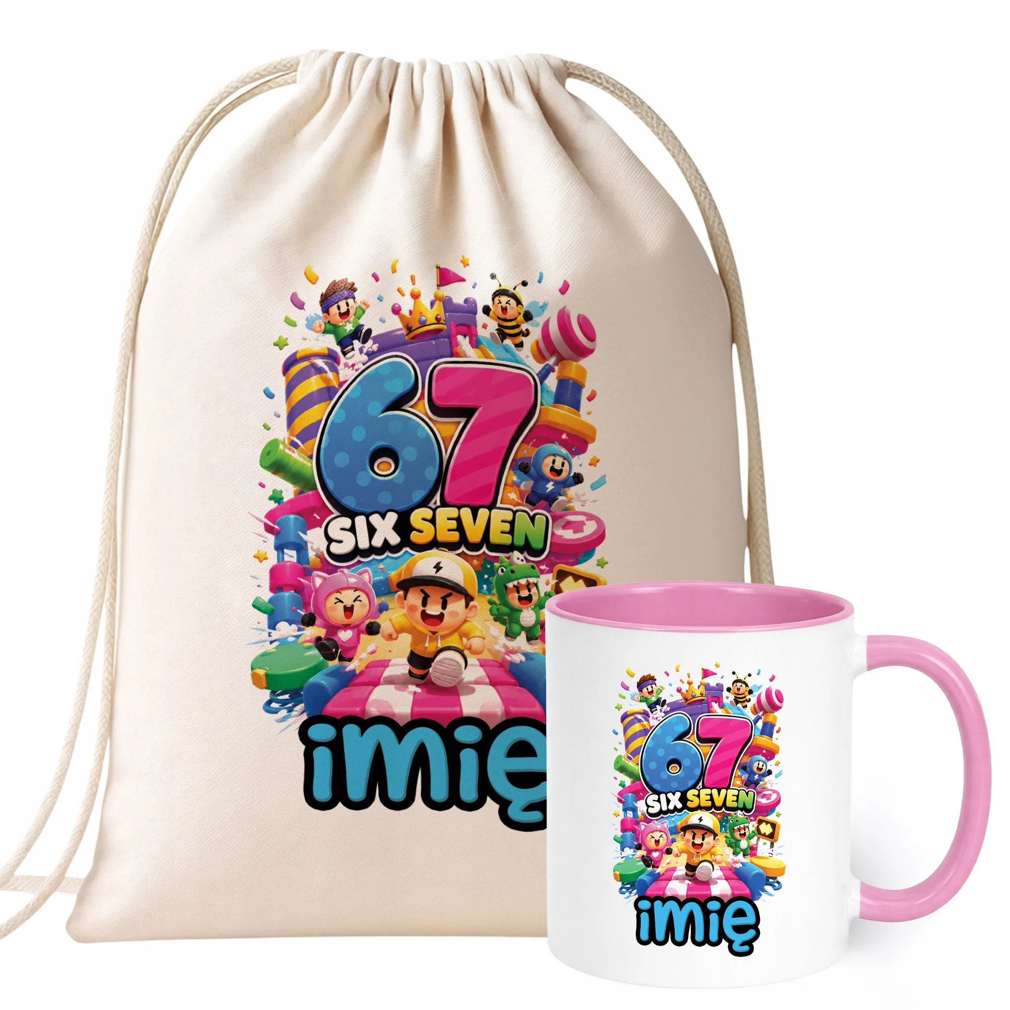 Zestaw Personalizowany Plecak Worek Kubek Różowy 67 Six Seven Prezent
