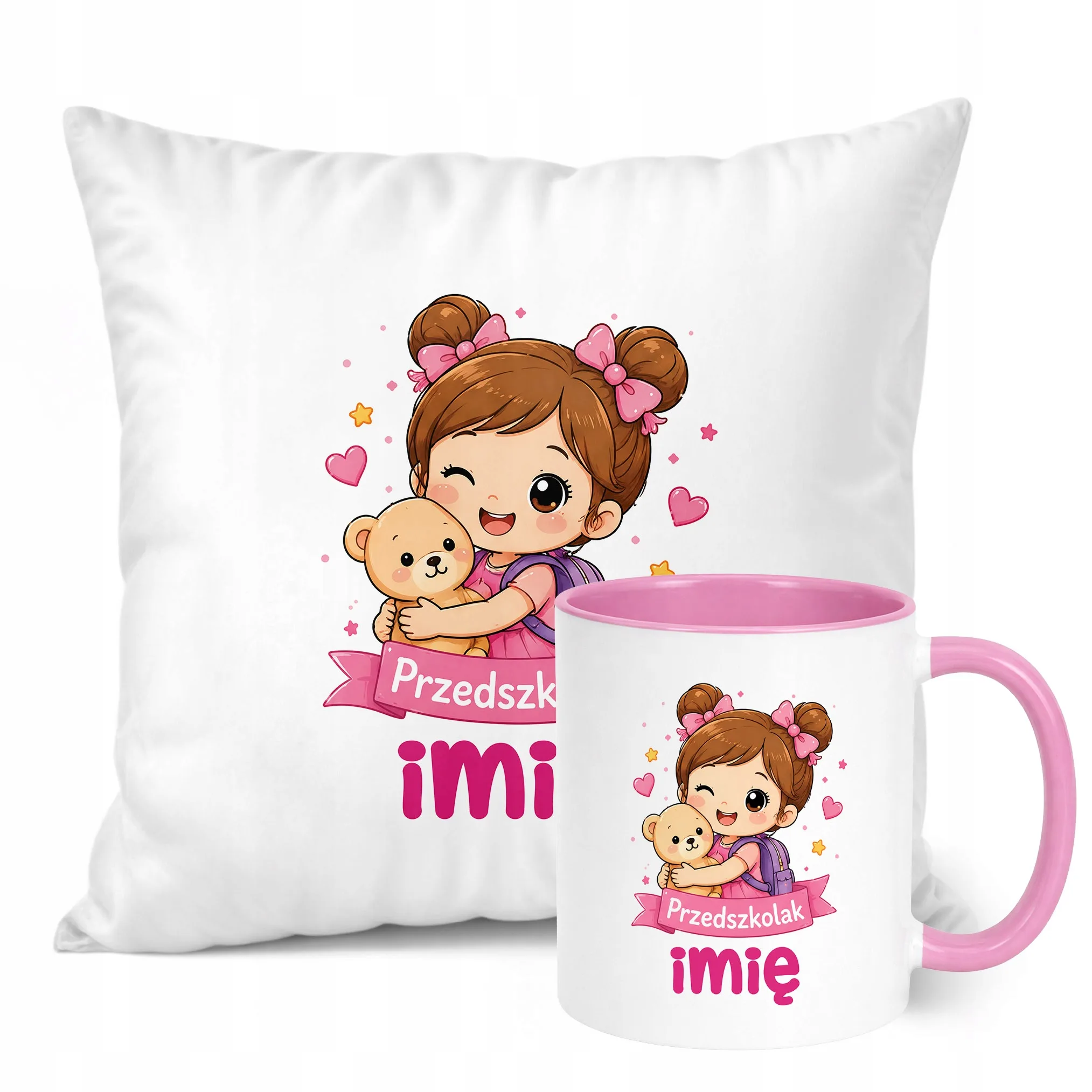 Zestaw Personalizowany Kubek Różowy Poduszka Przedszkolak Prezent