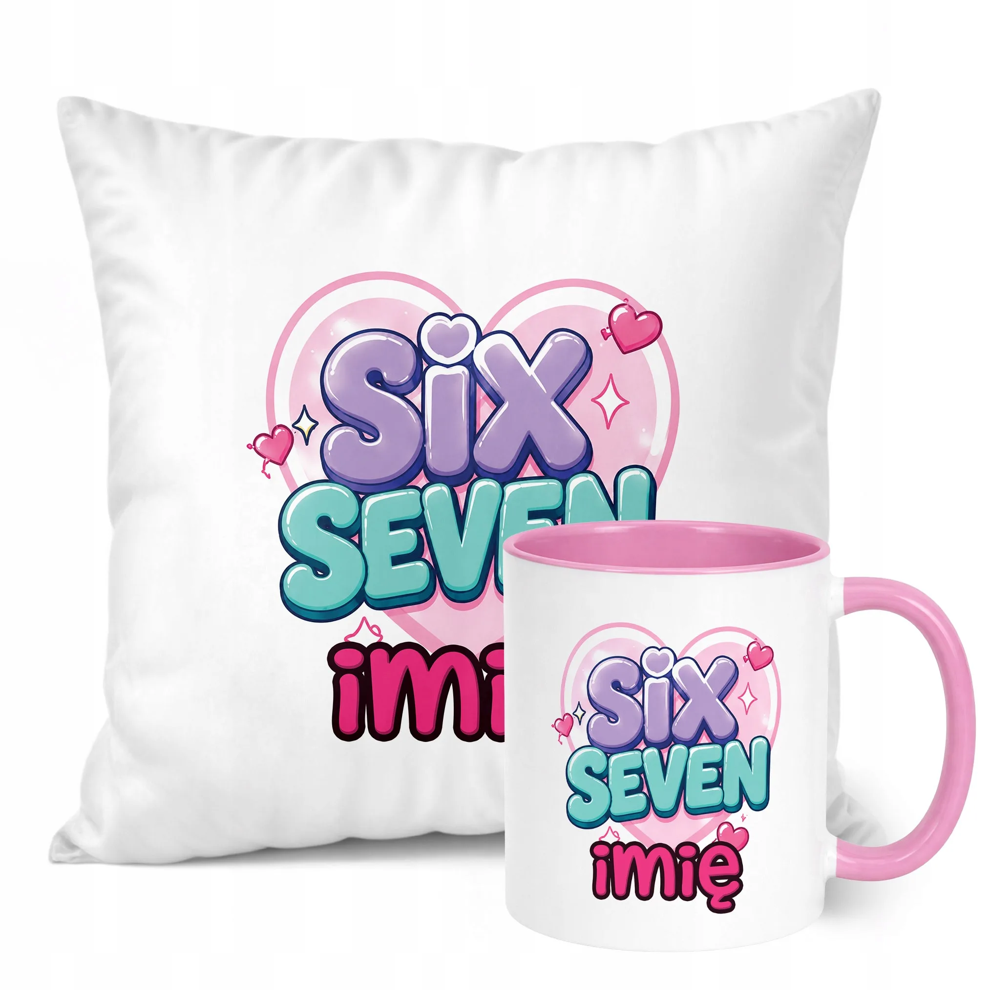 Zestaw Personalizowany Kubek Różowy Poduszka 67 Six Seven Prezent