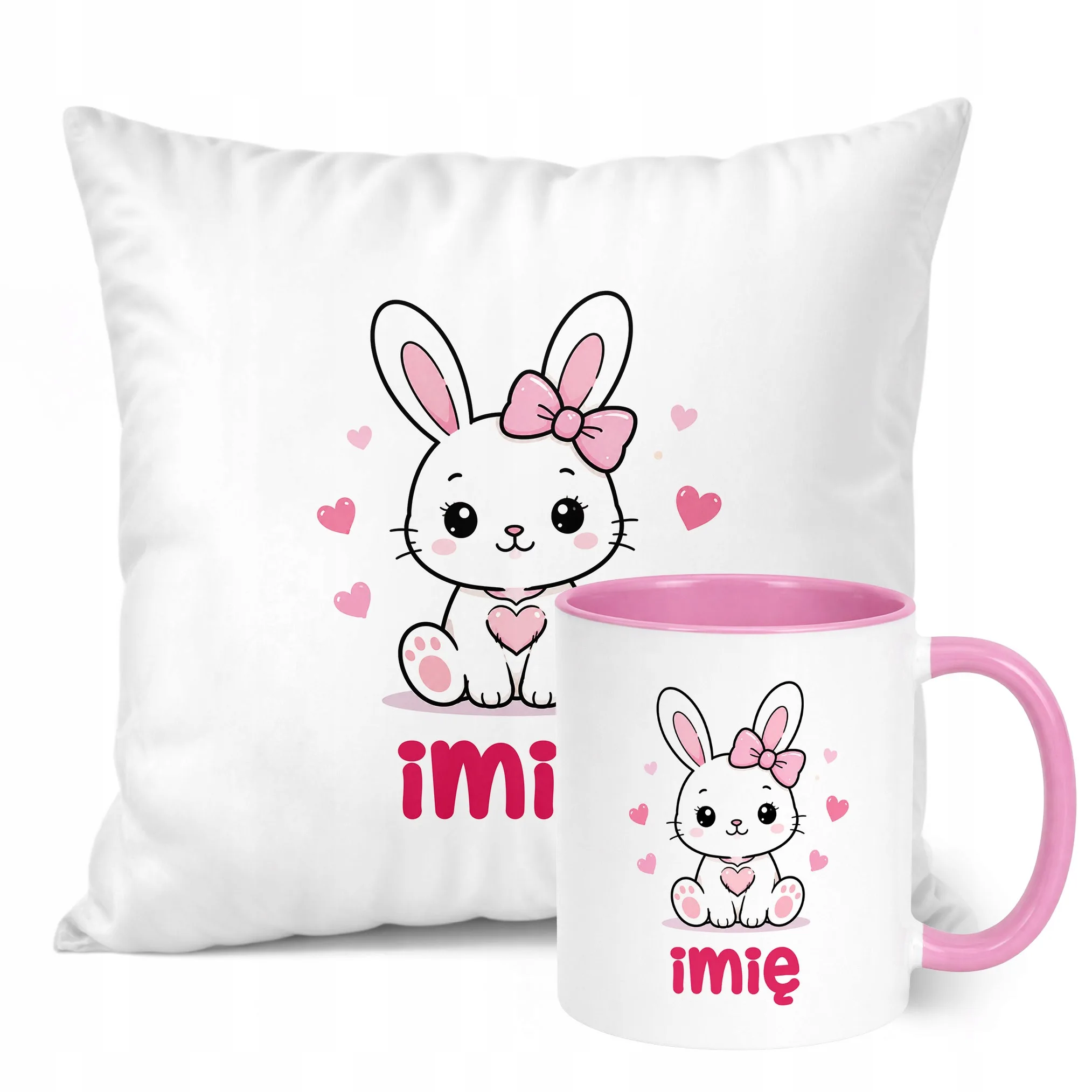 Zestaw Personalizowany Kubek Różowy Poduszka Króliczek Prezent