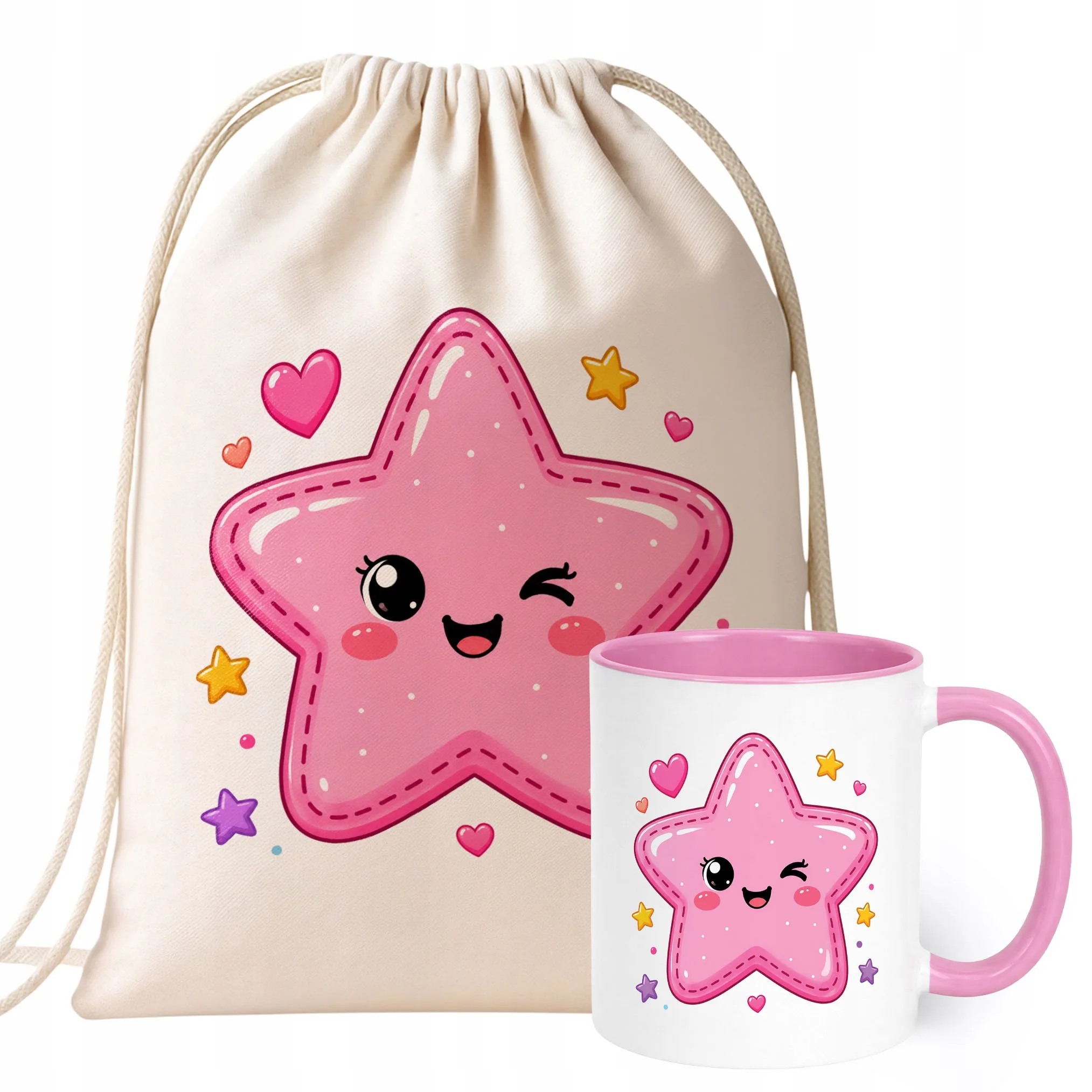 Zestaw Plecak Worek Kubek Różowy Z Nadrukiem Kawaii Gwiazdka Prezent