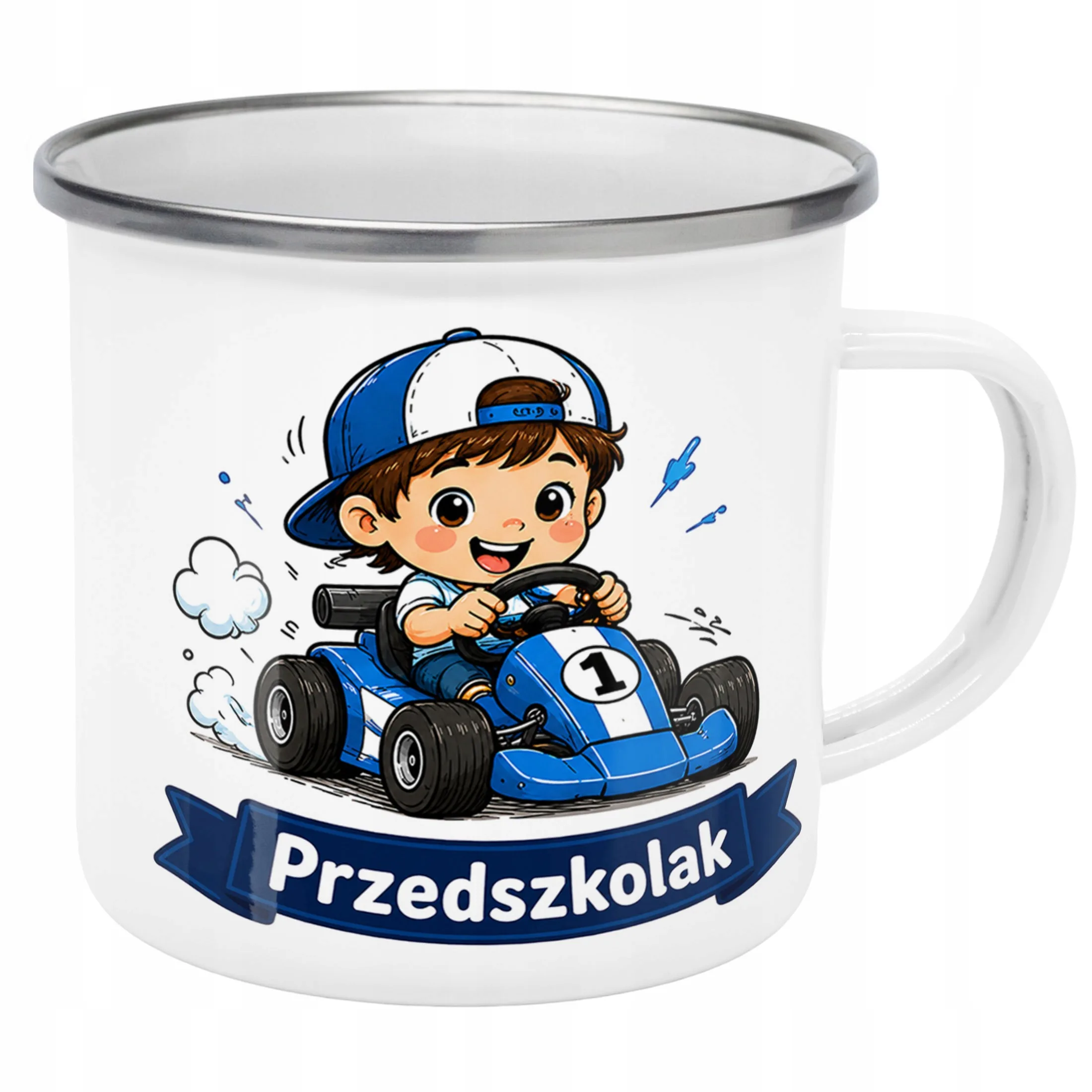 Kubek Emaliowany Przedszkolak Szkoła z Nadrukiem Biały Metalowy Prezent