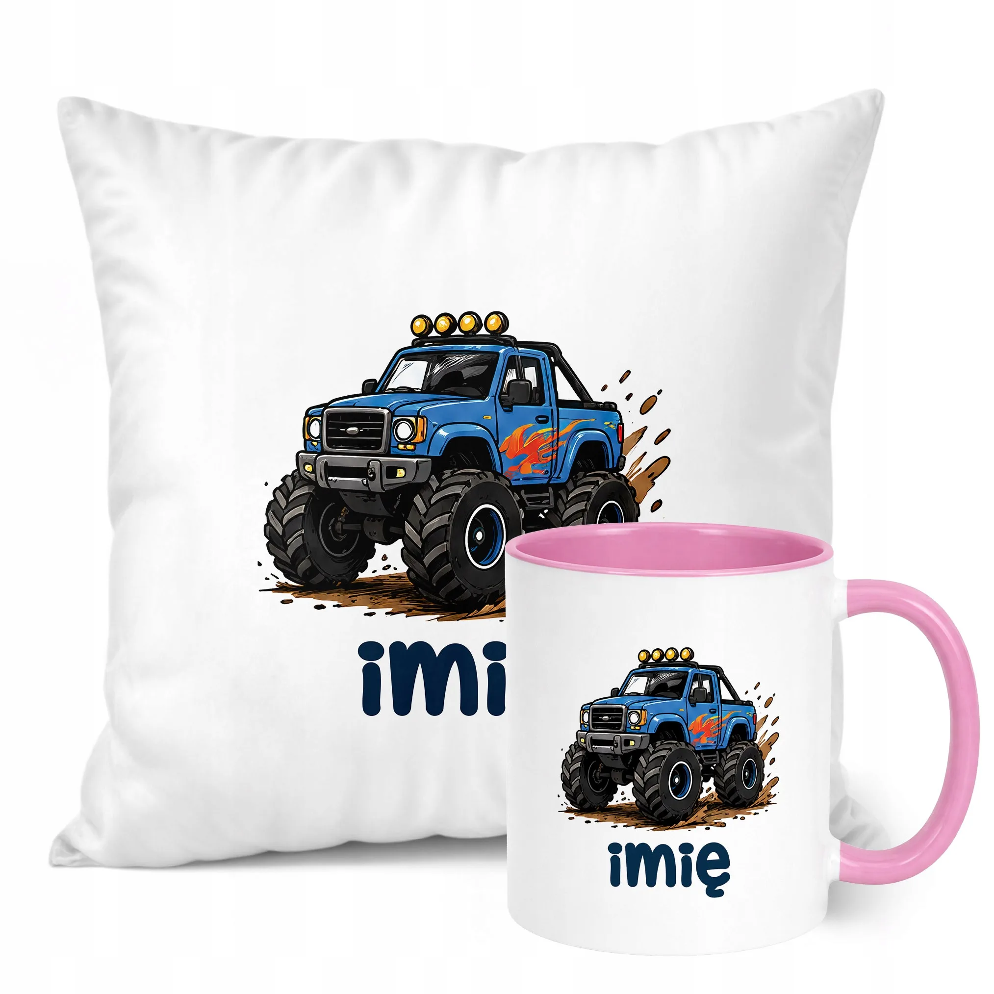 Zestaw Personalizowany Kubek Różowy Poduszka Monster Truck Prezent