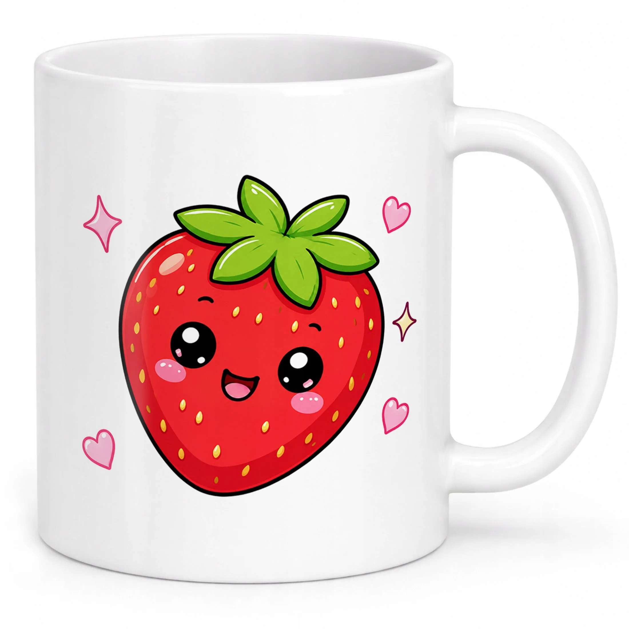 Biały Kubek z nadrukiem Kawaii Truskawka Dla Dzieci Prezent Upominek