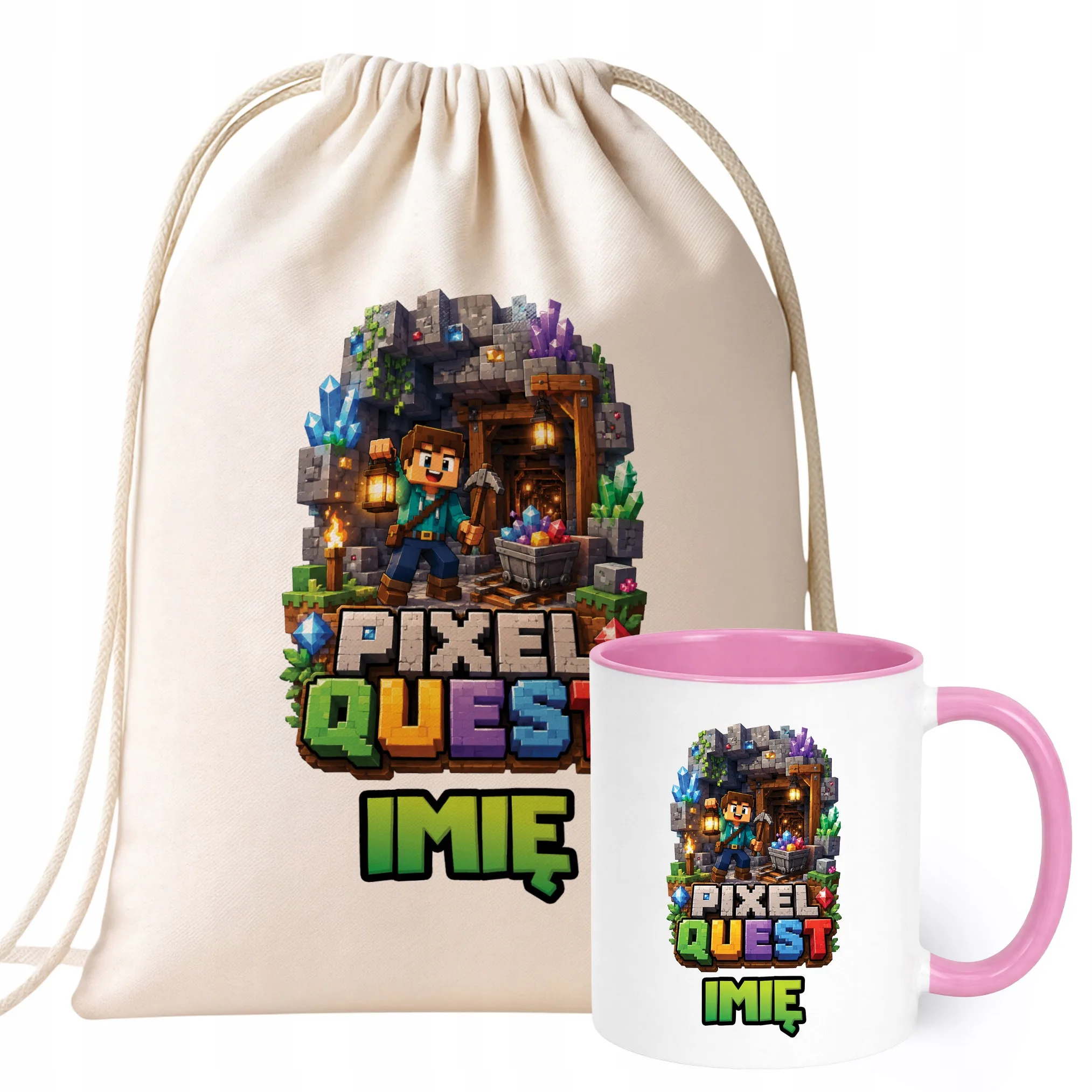 Zestaw Personalizowany Plecak Worek Kubek Różowy gra Pixel Quest Prezent