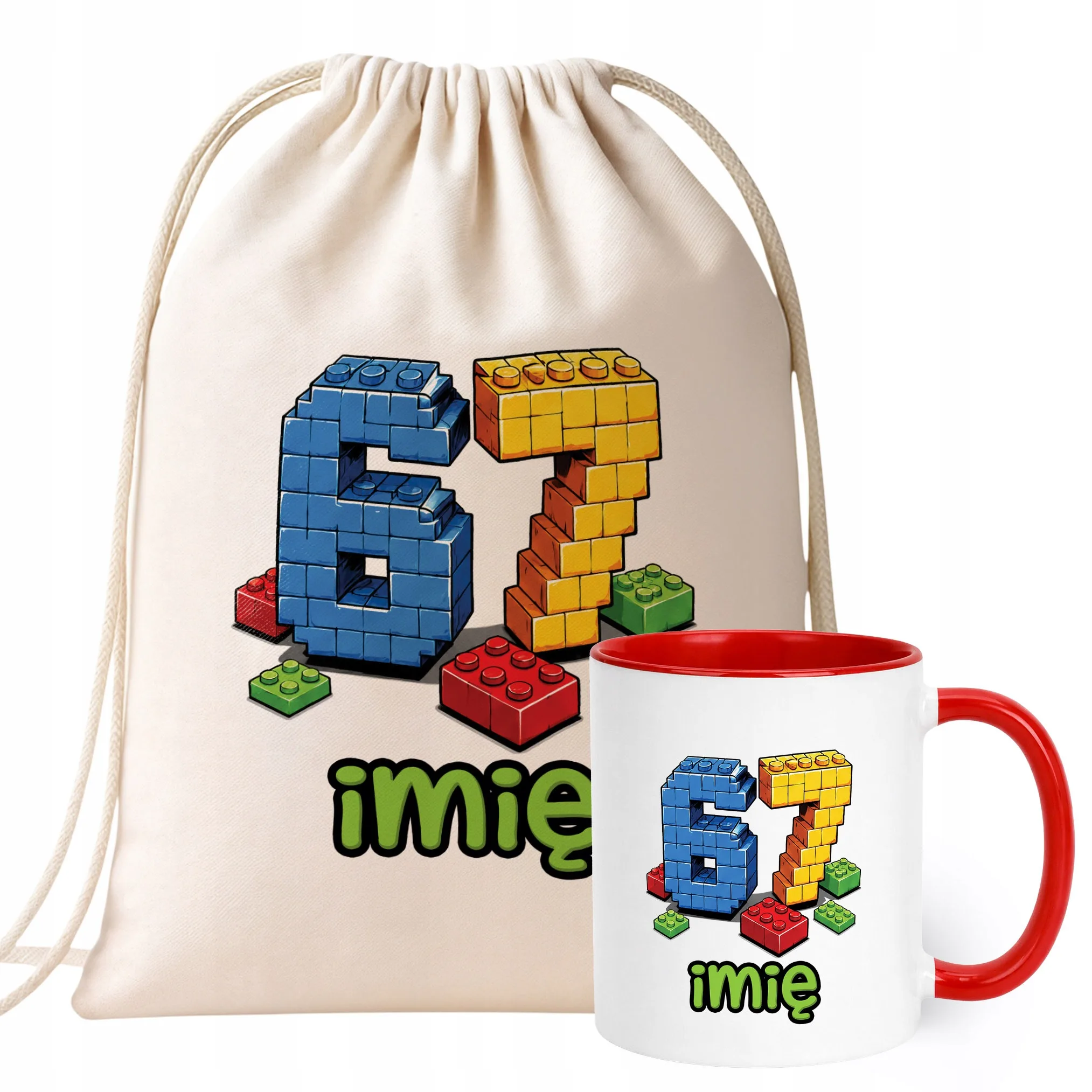Zestaw Personalizowany Plecak Worek Kubek Czerwony 67 Six Seven Prezent