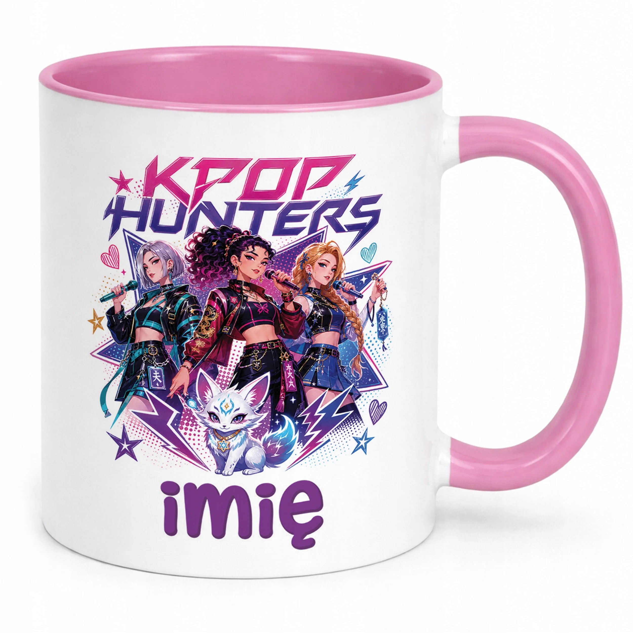 Kubek Różowy z nadrukiem personalizowany ŁOWCZYNIE KPOP Dla Dzieci Prezent