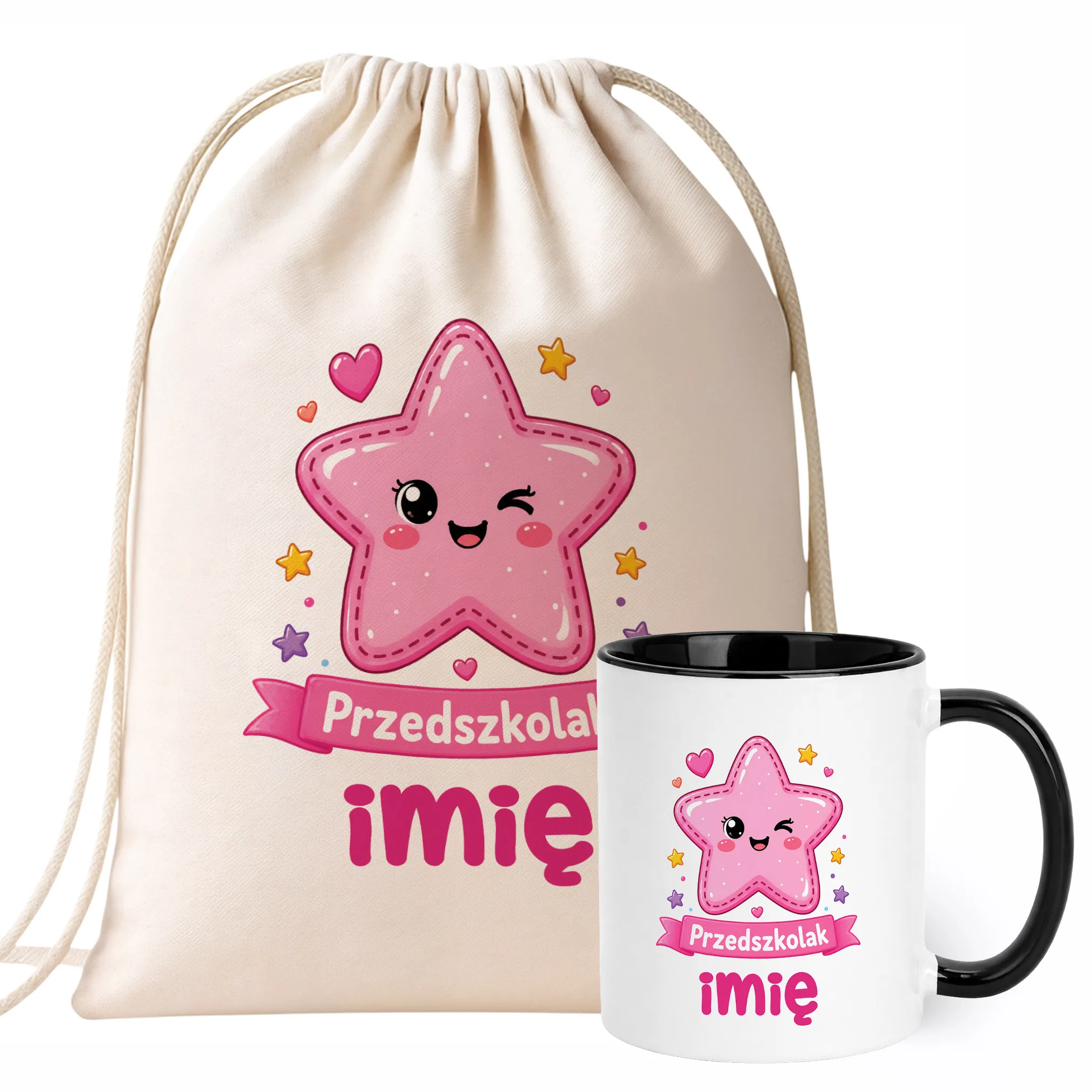 Zestaw Personalizowany Plecak Worek Kubek Czarny Przedszkolak Gwiazdka