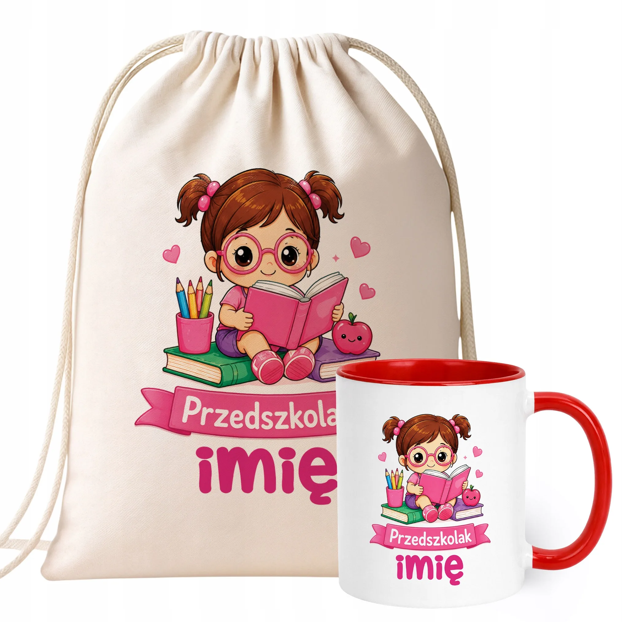 Zestaw Personalizowany Plecak Worek Kubek Czerwony Przedszkolak Prezent