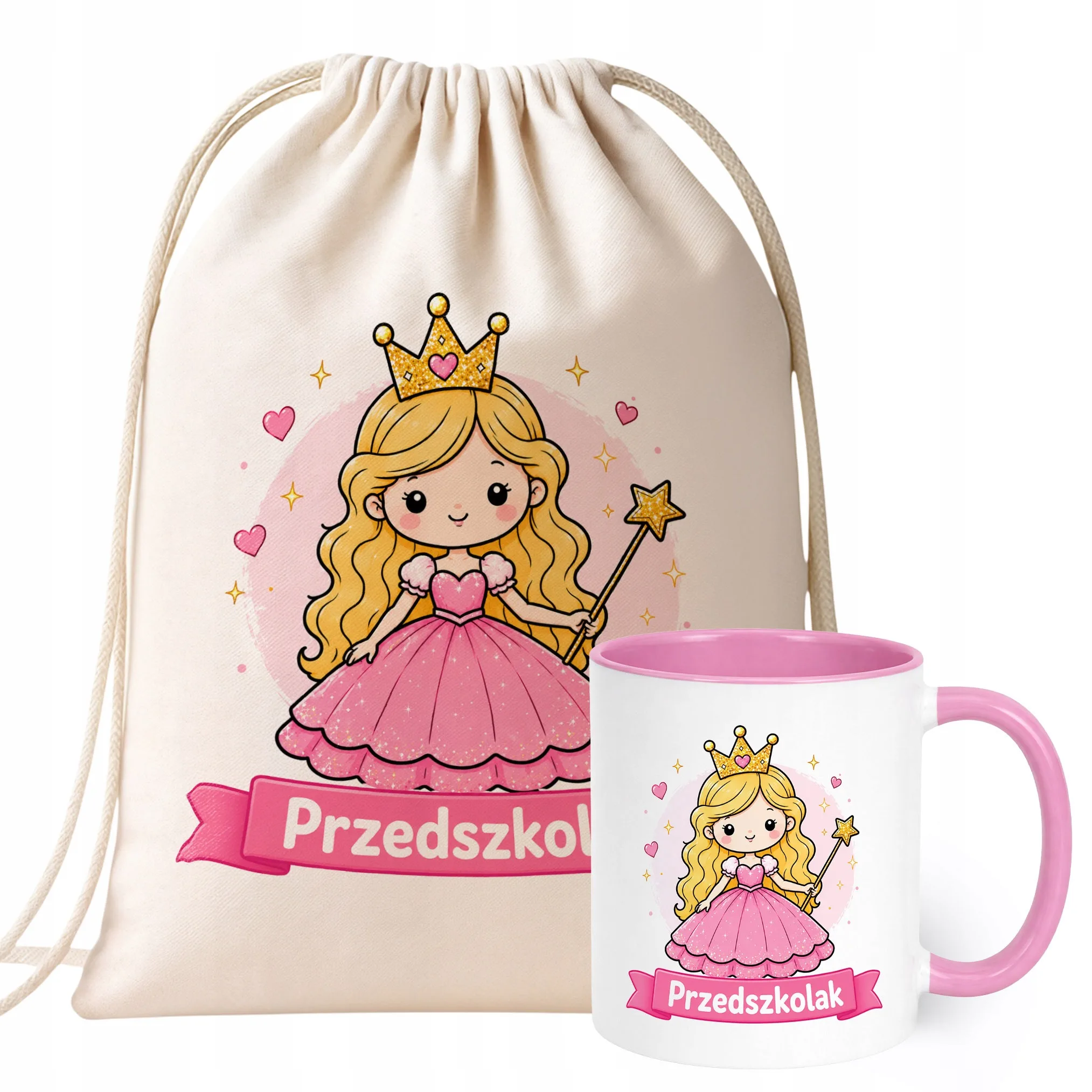 Zestaw Plecak Worek Kubek Różowy Z Nadrukiem Przedszkolak Dla Dzieci