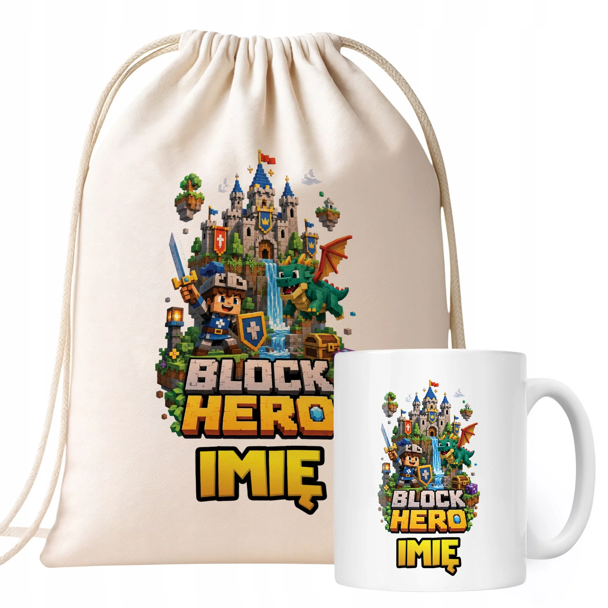 Zestaw Personalizowany Plecak Worek Kubek gra Block Hero Prezent