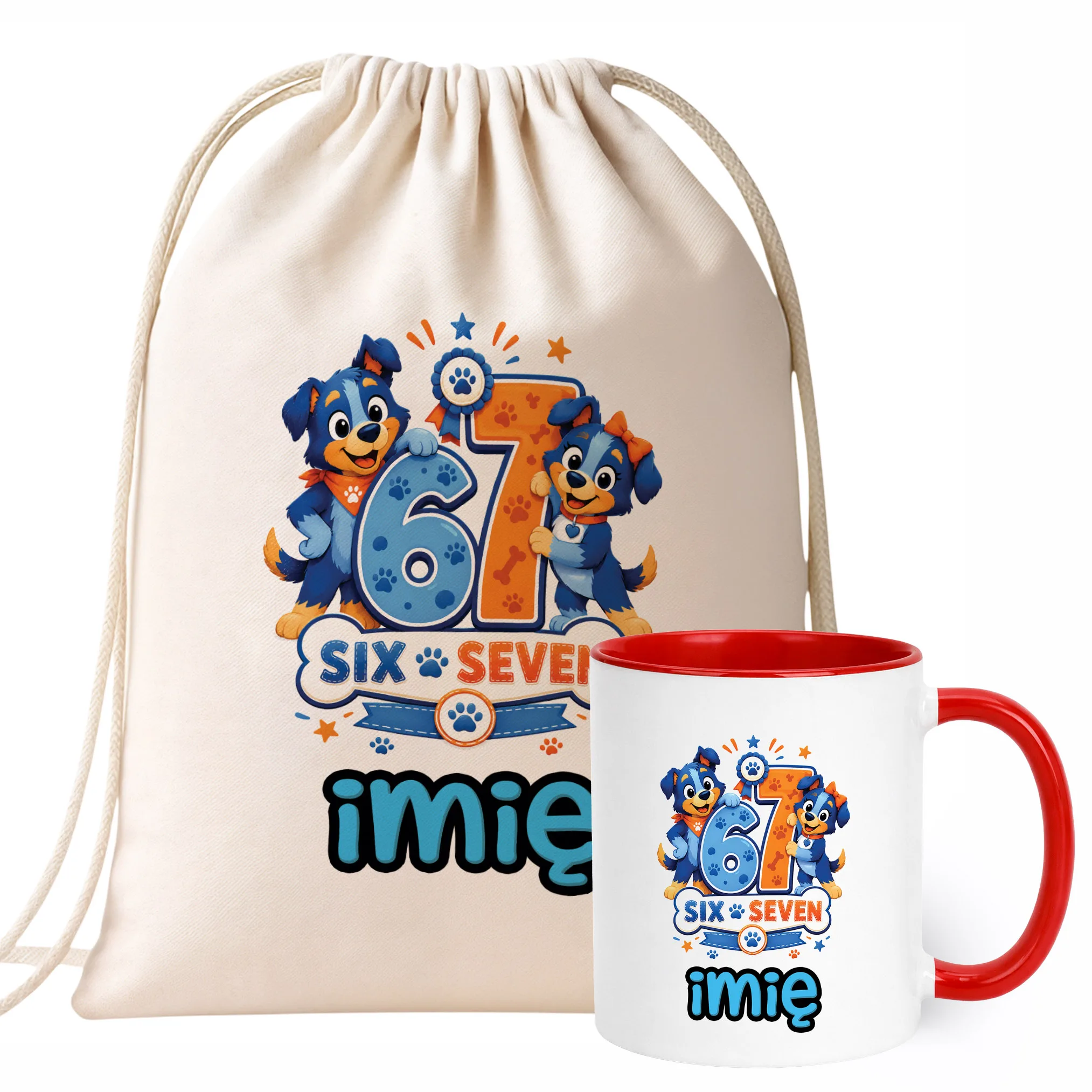 Zestaw Personalizowany Plecak Worek Kubek Czerwony Pies 67 Six Seven