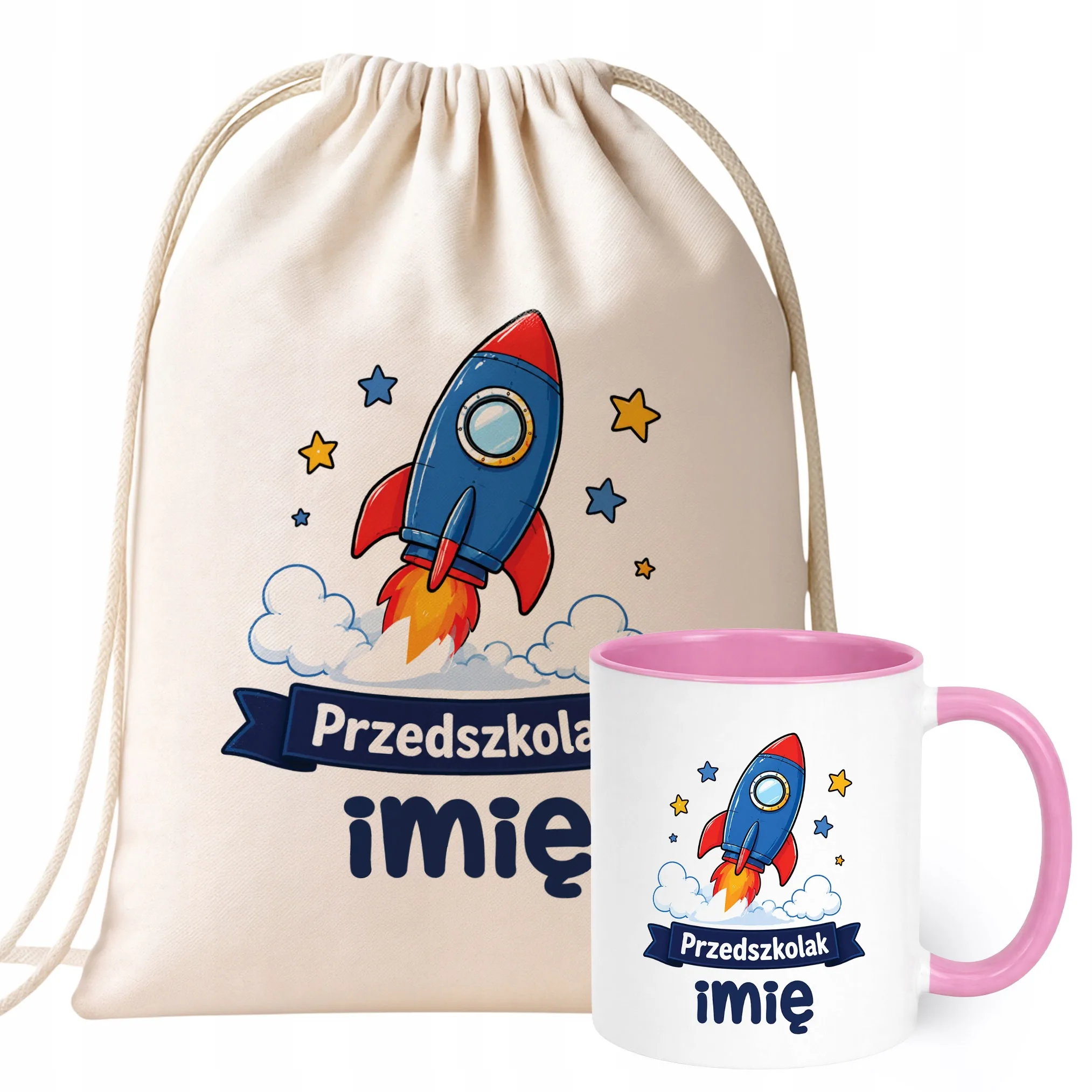 Zestaw Personalizowany Plecak Worek Kubek Różowy Przedszkolak Rakieta