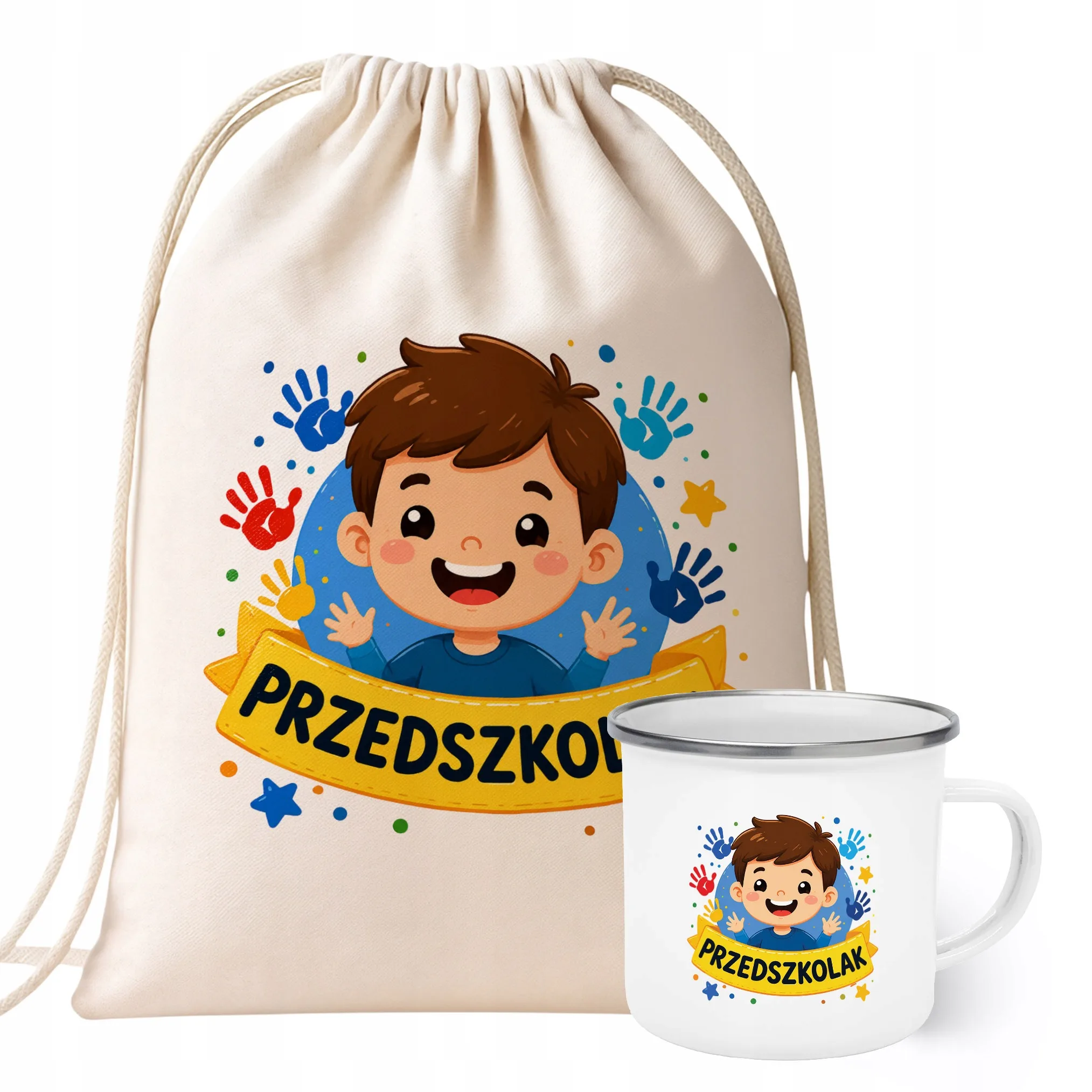 Zestaw Plecak Worek Kubek Emaliowany Z Nadrukiem Przedszkolak Szkoła