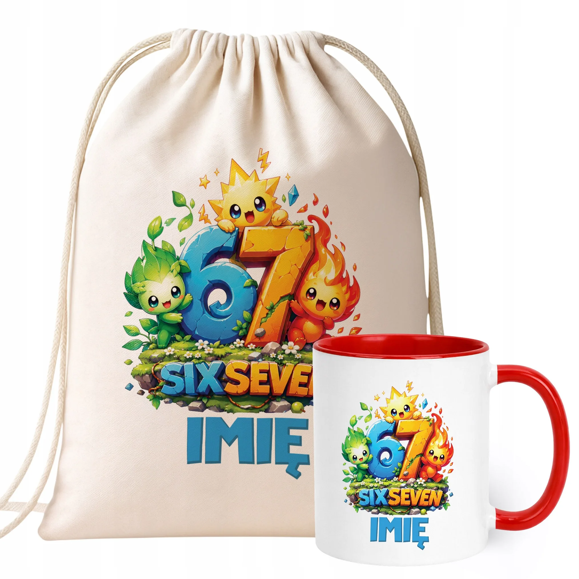 Zestaw Personalizowany Plecak Worek Kubek Czerwony 67 Six Seven Prezent