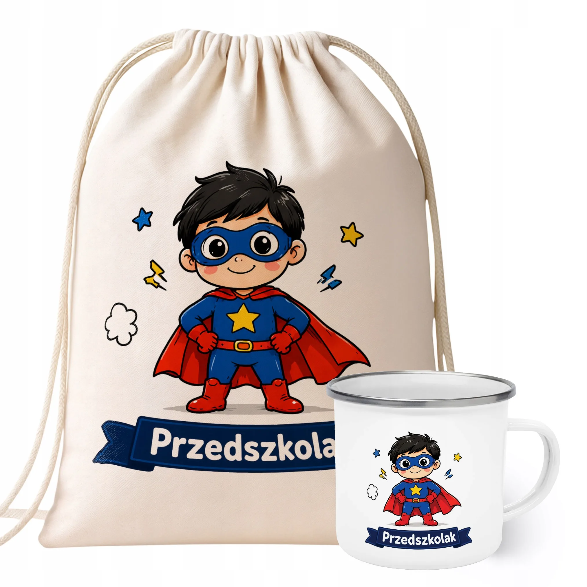 Zestaw Plecak Worek Kubek Emaliowany Z Nadrukiem Przedszkolak Szkoła