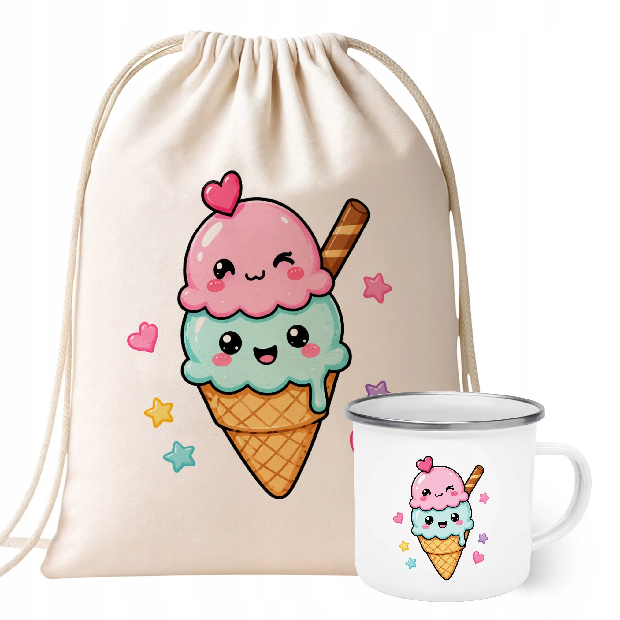 Zestaw Plecak Worek Kubek Emaliowany Z Nadrukiem Kawaii Lody Prezent