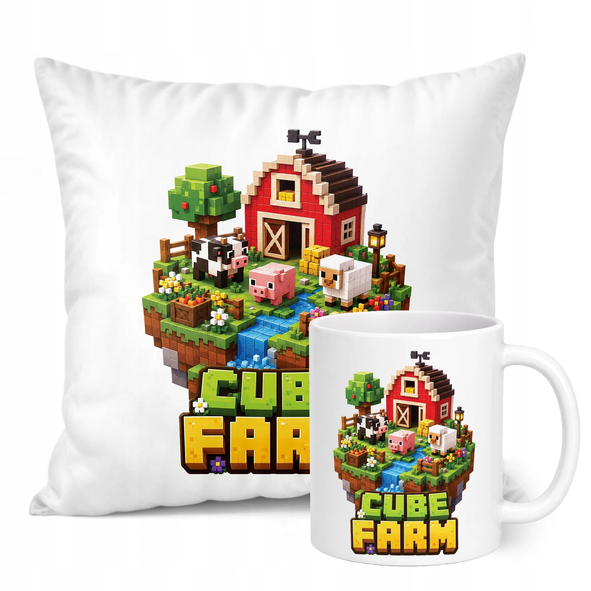 Zestaw Kubek Biały Poduszka Z Nadrukiem CUBE FARM Prezent