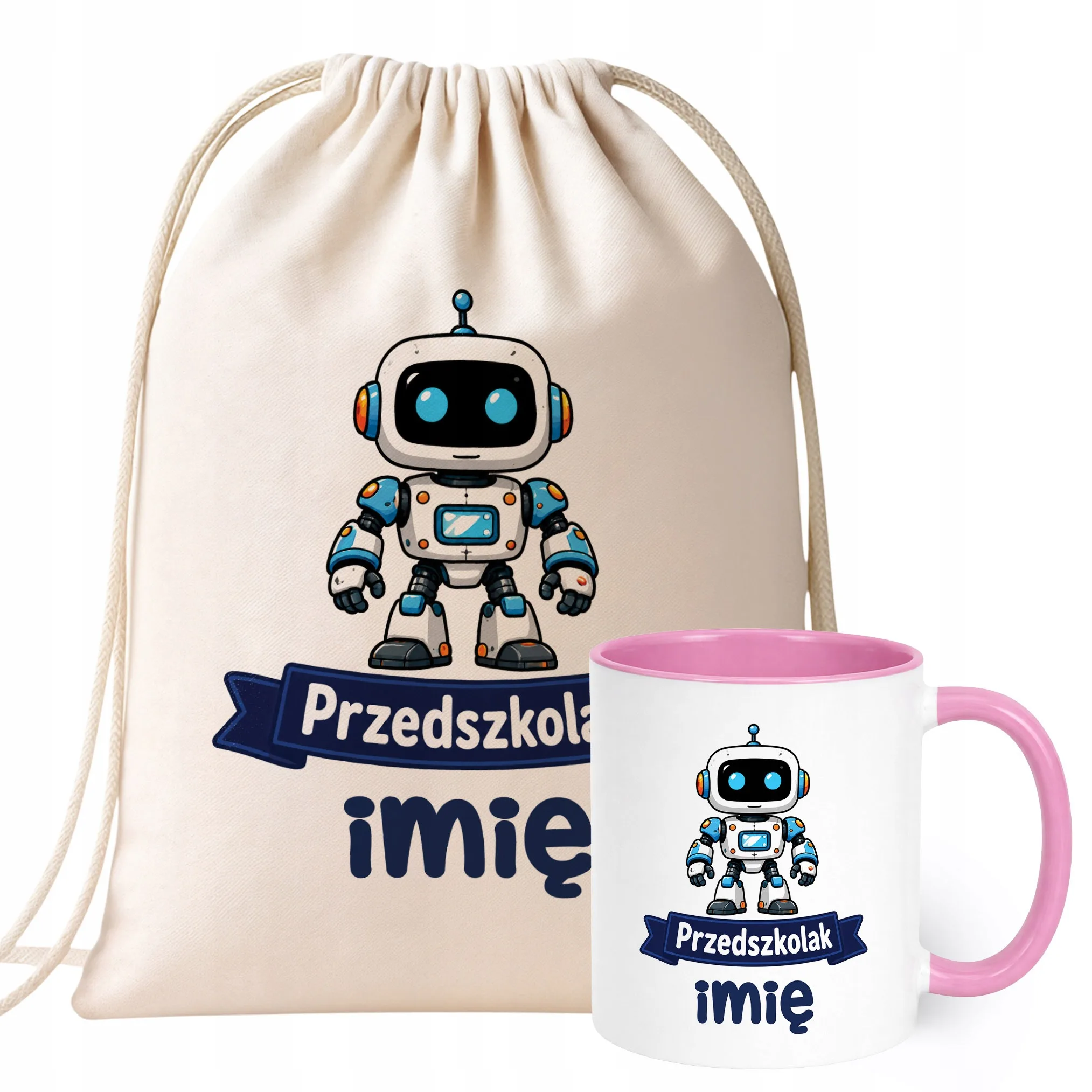 Zestaw Personalizowany Plecak Worek Kubek Różowy Przedszkolak Robot