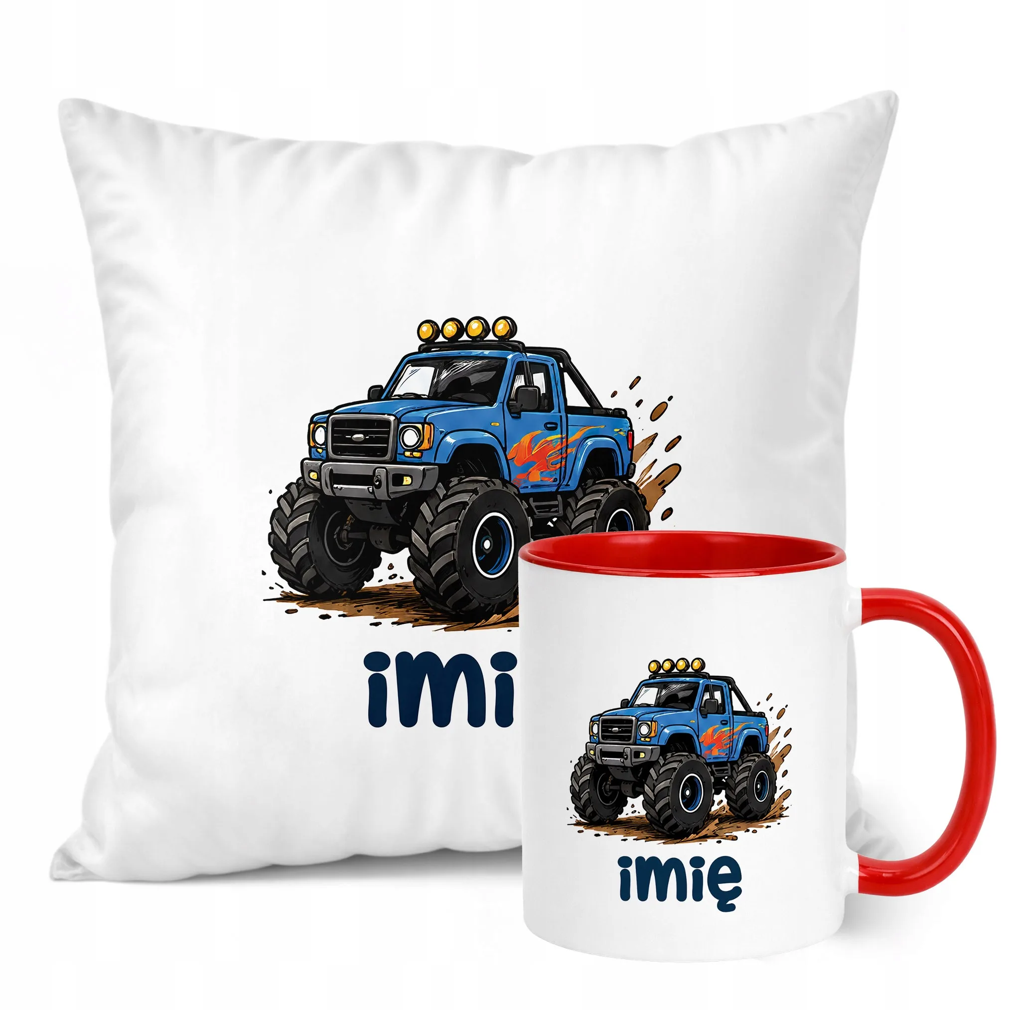 Zestaw Personalizowany Kubek Czerwony Poduszka Monster Truck Prezent