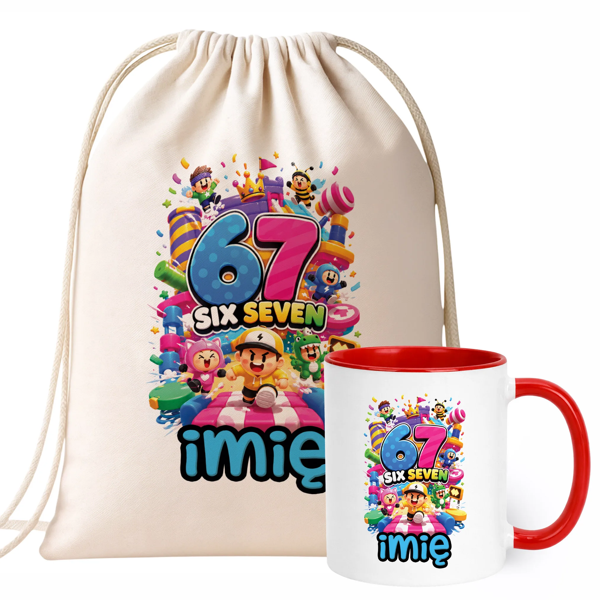 Zestaw Personalizowany Plecak Worek Kubek Czerwony 67 Six Seven Prezent