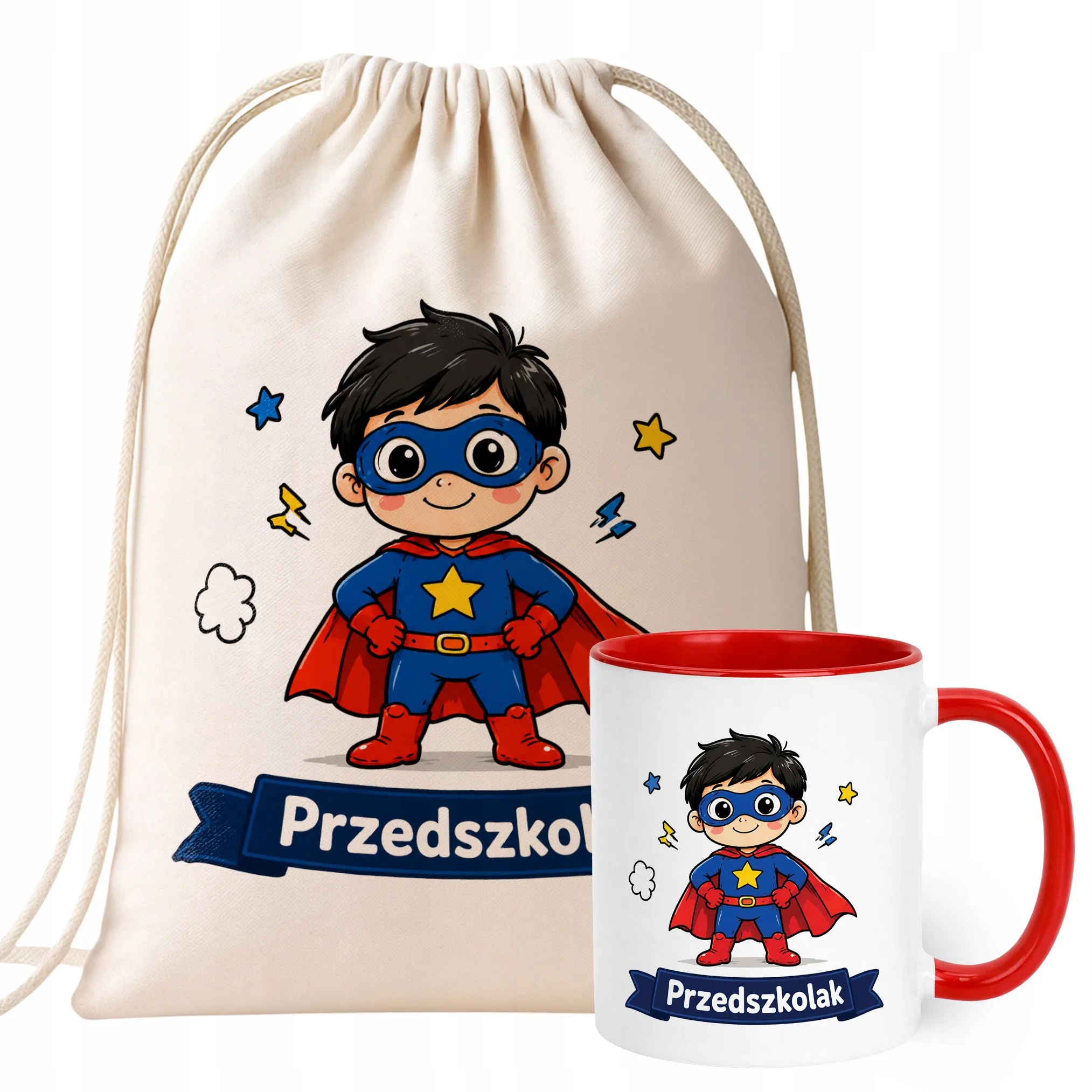 Zestaw Plecak Worek Kubek Czerwony Z Nadrukiem Przedszkolak Dla Dzieci