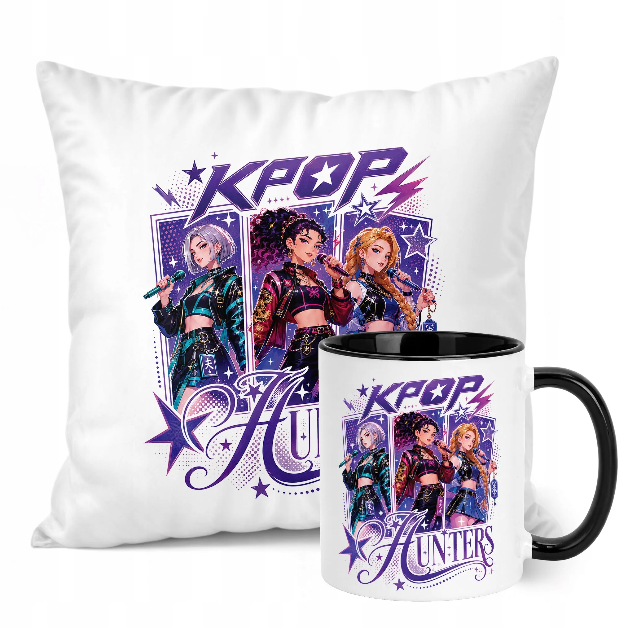 Zestaw Kubek Czarny Poduszka Z Nadrukiem ŁOWCZYNIE KPOP Prezent