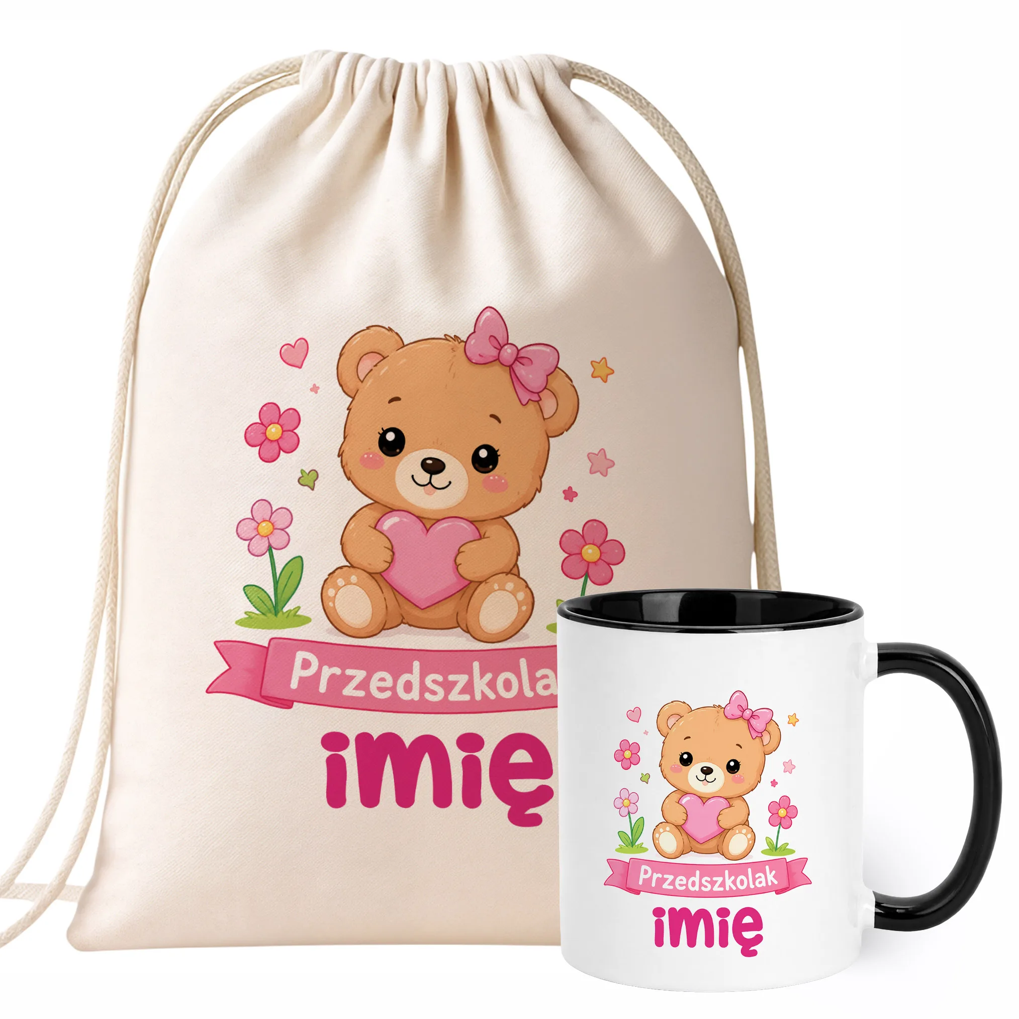 Zestaw Personalizowany Plecak Worek Kubek Czarny Przedszkolak Miś Prezent