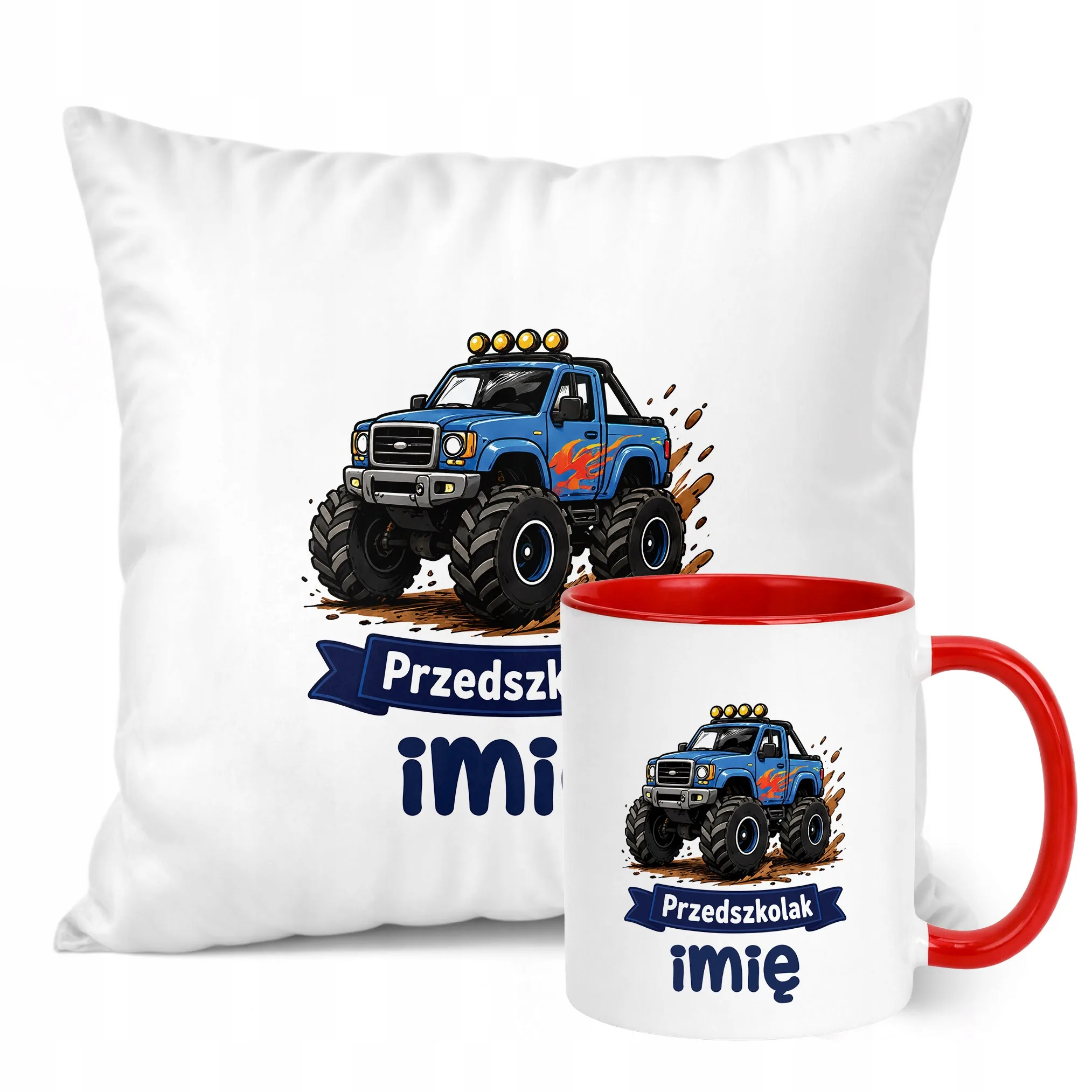 Zestaw Personalizowany Kubek Czerwony Poduszka Przedszkolak