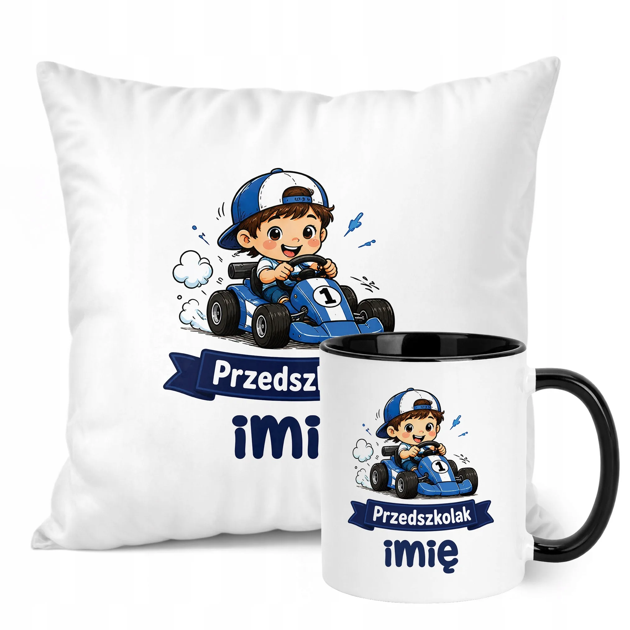 Zestaw Personalizowany Kubek Czarny Poduszka Przedszkolak Prezent