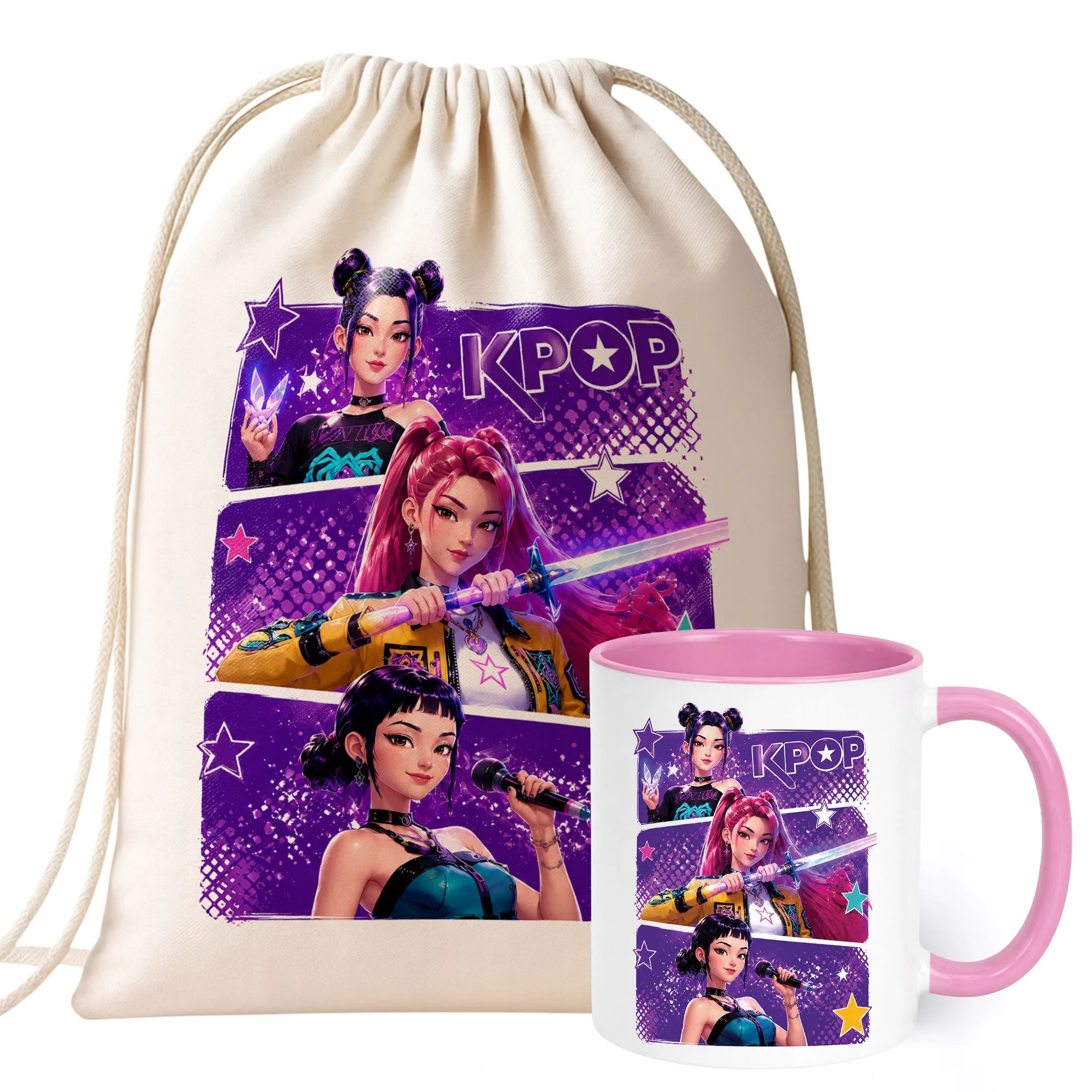 Zestaw Plecak Worek Kubek Różowy Z Nadrukiem ŁOWCZYNIE KPOP Dla Dzieci