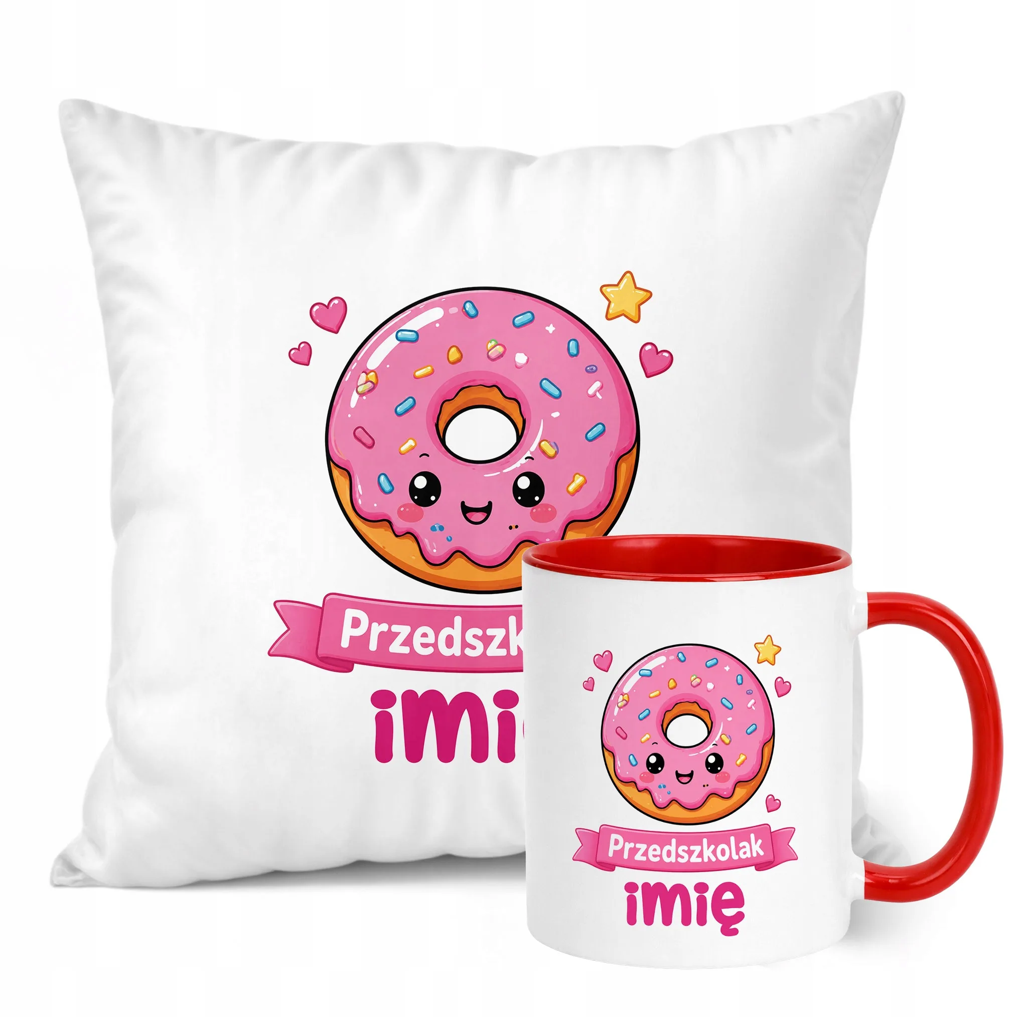 Zestaw Personalizowany Kubek Czerwony Poduszka Przedszkolak Pączek